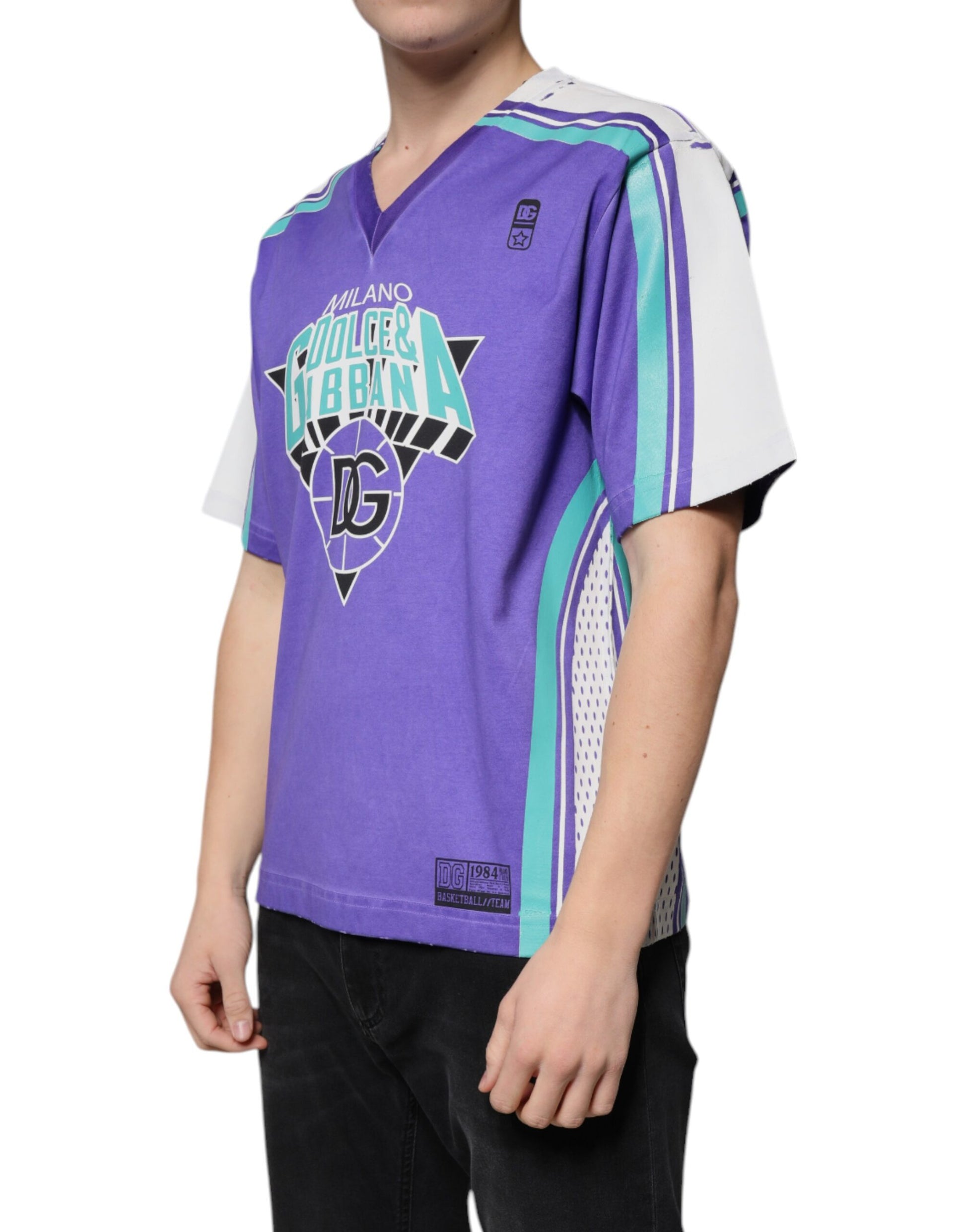Dolce & Gabbana Purple Logo Jersey Cotton V-neck T-shirt Dolce & Gabbana