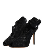 Dolce & Gabbana Black Lace Stretch Heels Mid Calf Boots Shoes - Eljoys Fashion 