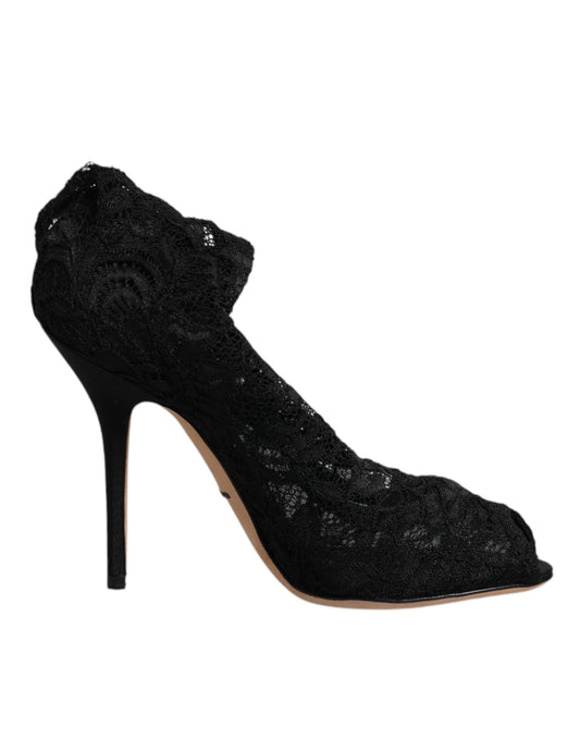 Dolce & Gabbana Black Lace Stretch Heels Mid Calf Boots Shoes Dolce & Gabbana