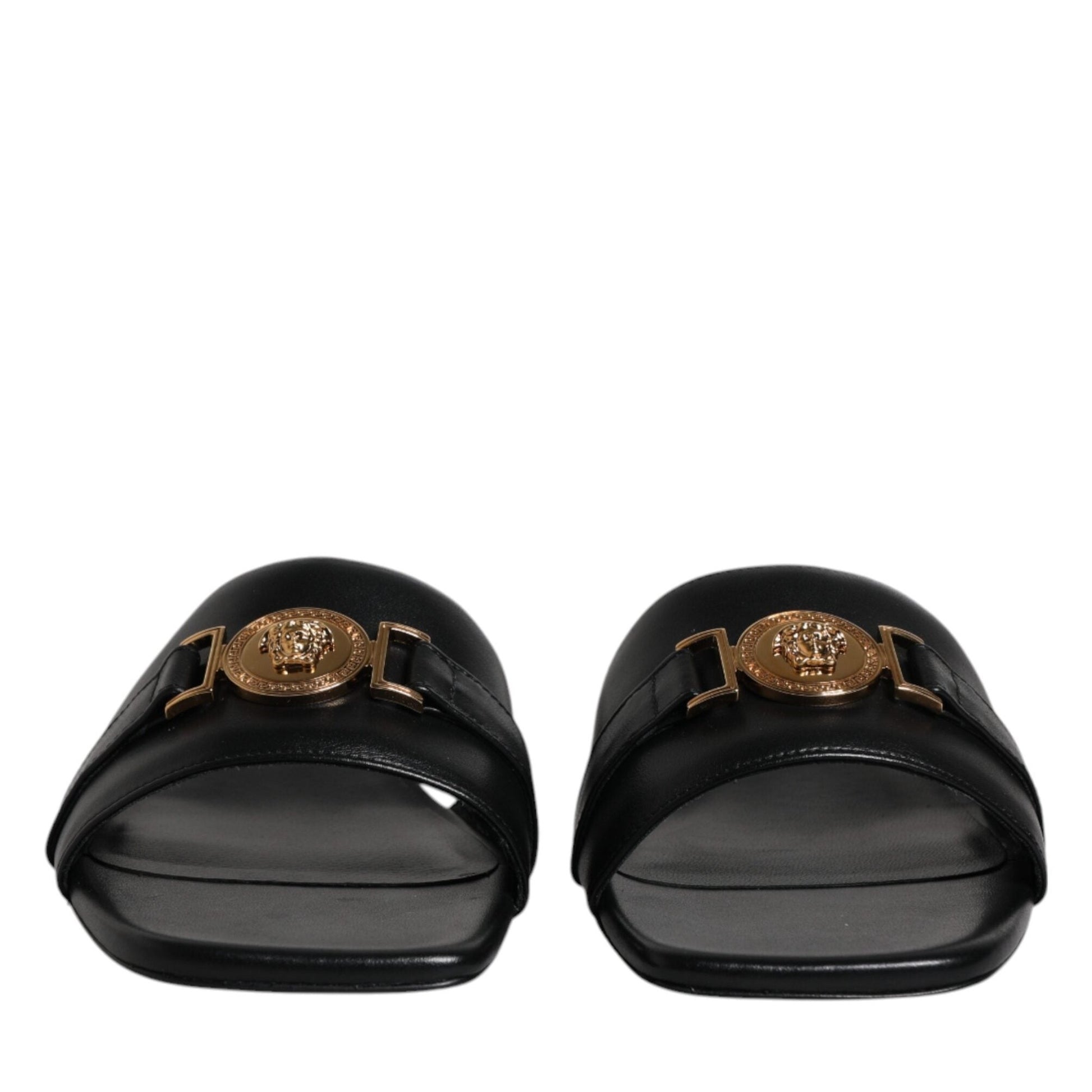 Versace Black Leather Logo Plaque Slip On Slides Flats Shoes Versace