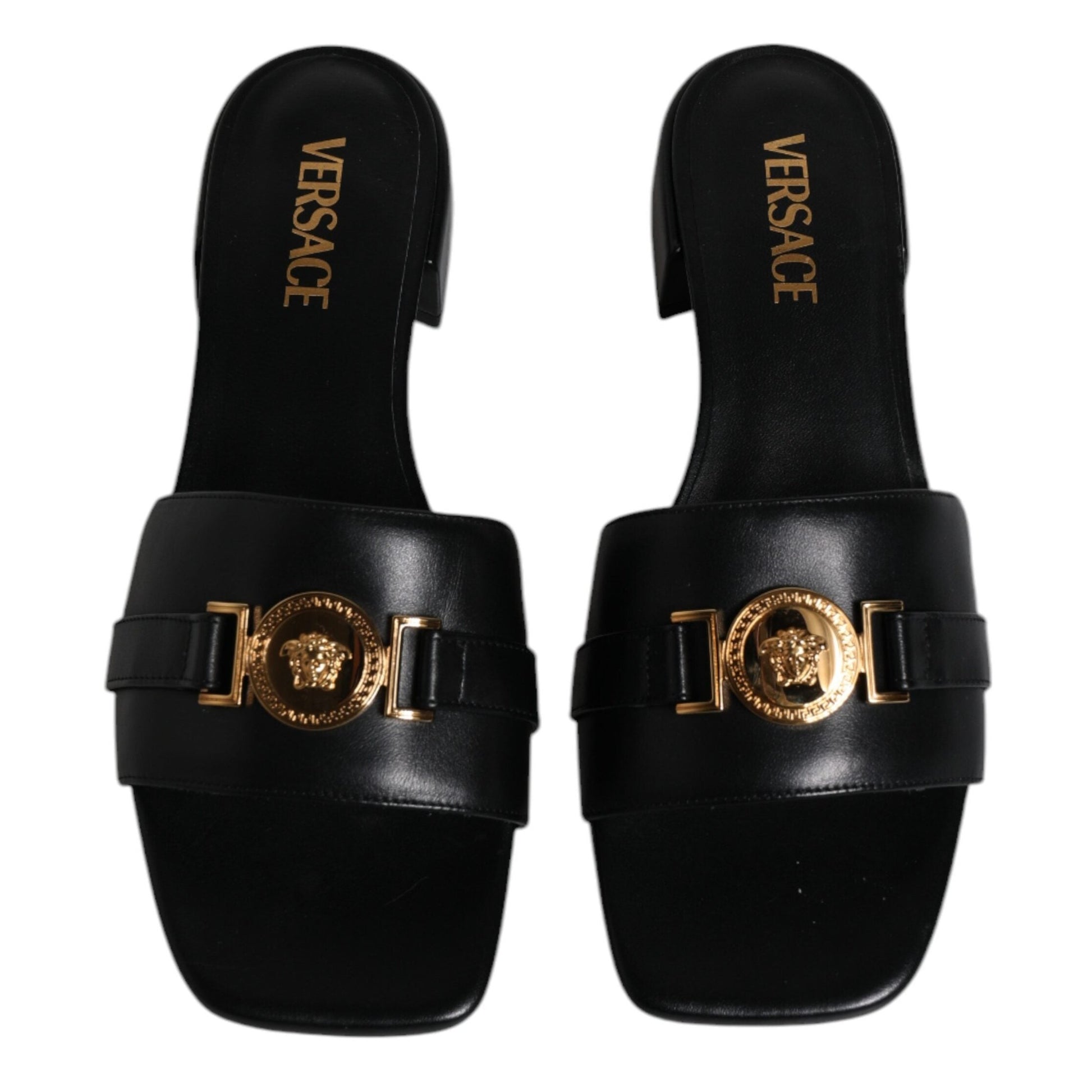Versace Black Leather Logo Plaque Slip On Slides Flats Shoes Versace