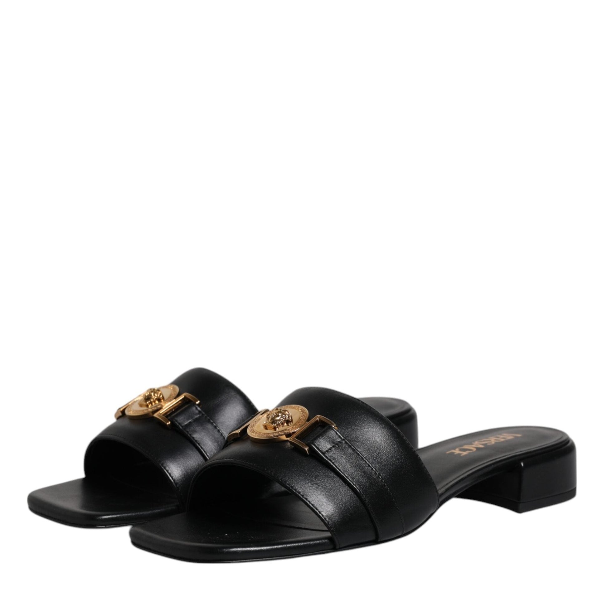 Versace Black Leather Logo Plaque Slip On Slides Flats Shoes Versace