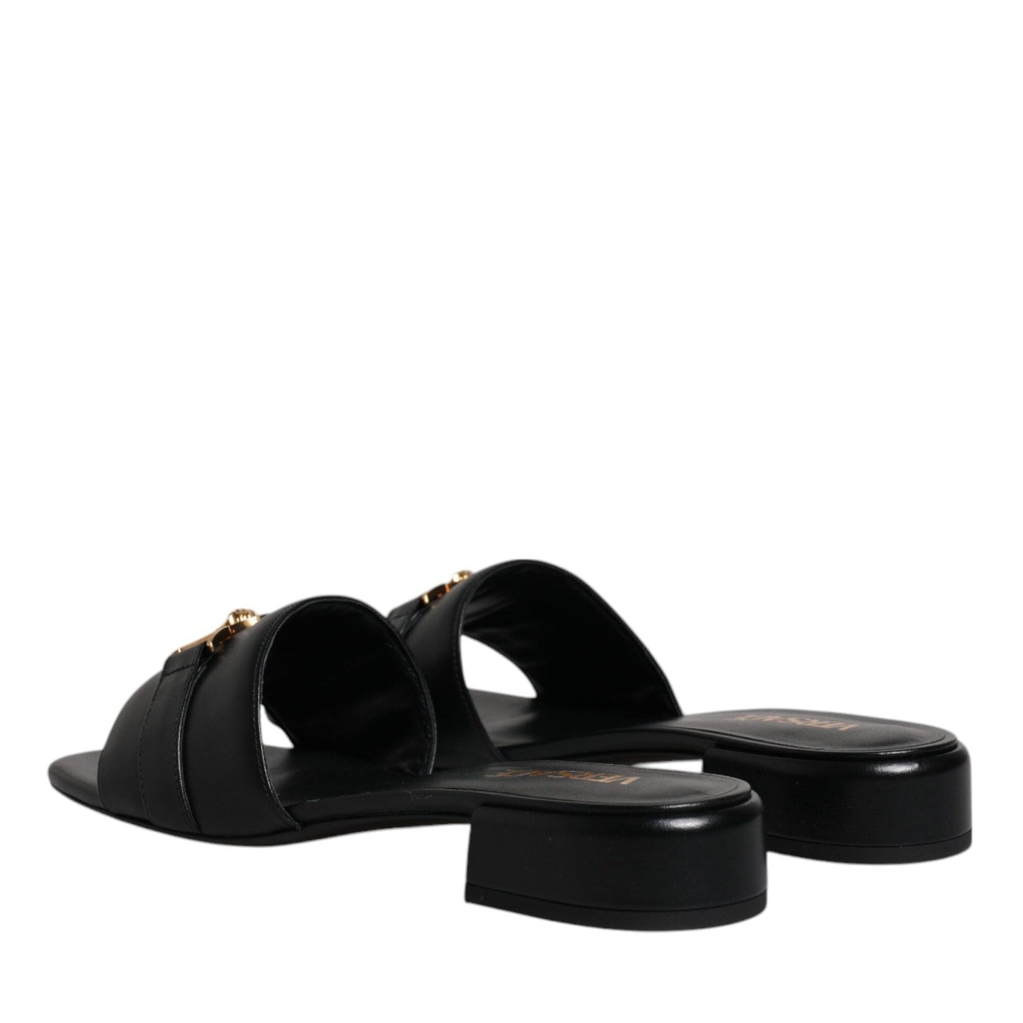 Versace Black Leather Logo Plaque Slip On Slides Flats Shoes Versace