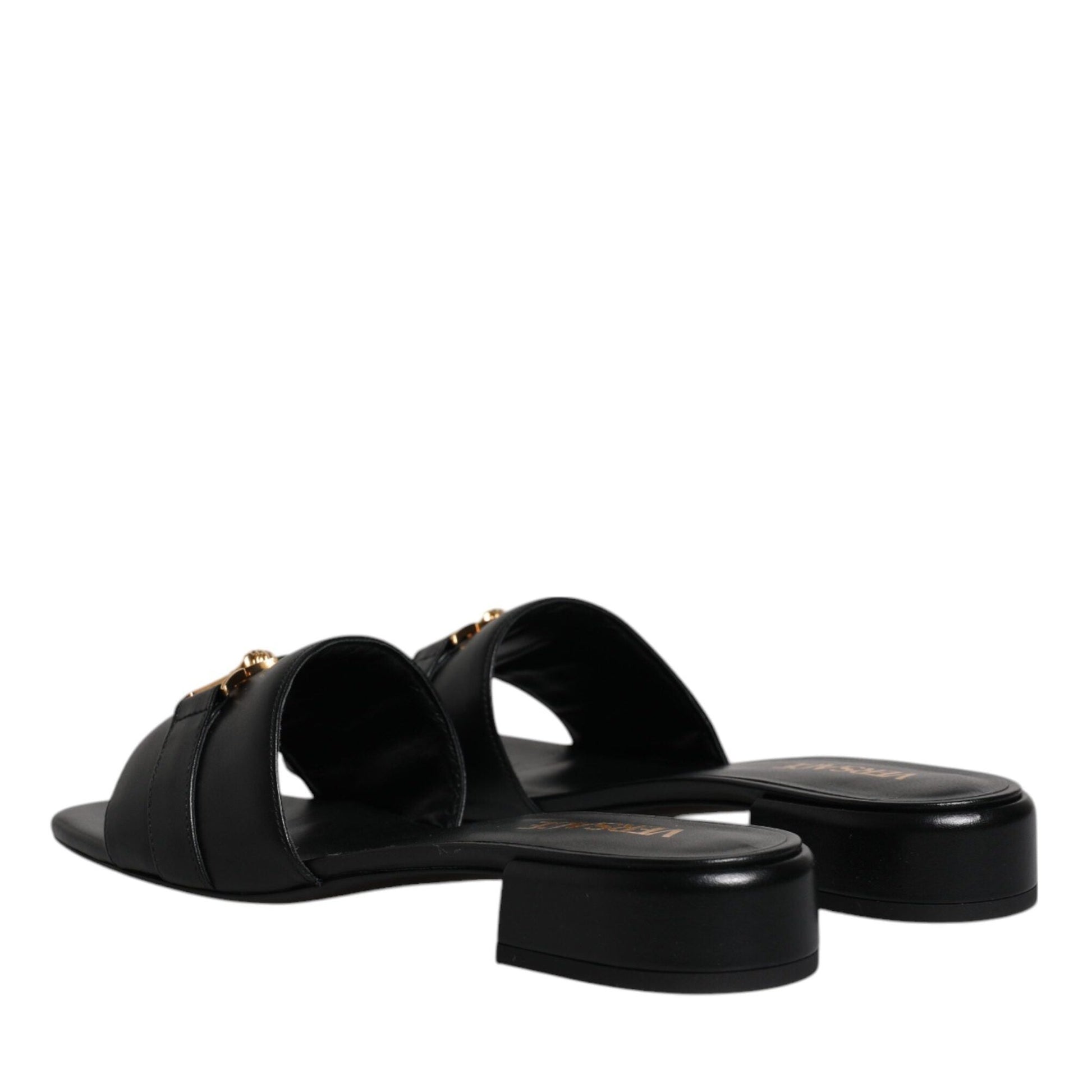Versace Black Leather Logo Plaque Slip On Slides Flats Shoes Versace