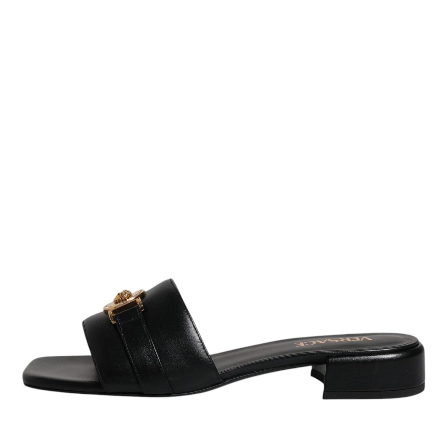 Versace Black Leather Logo Plaque Slip On Slides Flats Shoes Versace