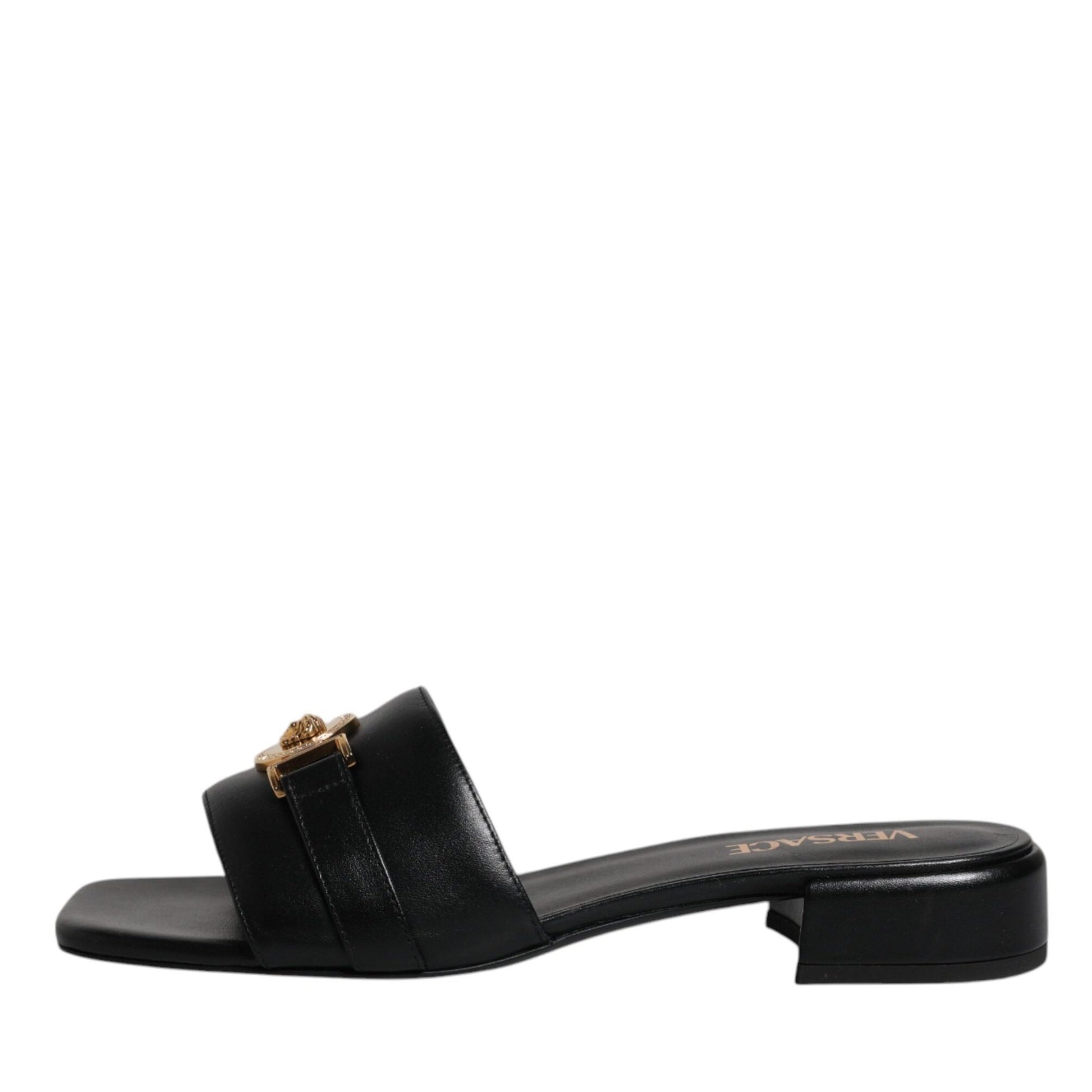 Versace Black Leather Logo Plaque Slip On Slides Flats Shoes Versace