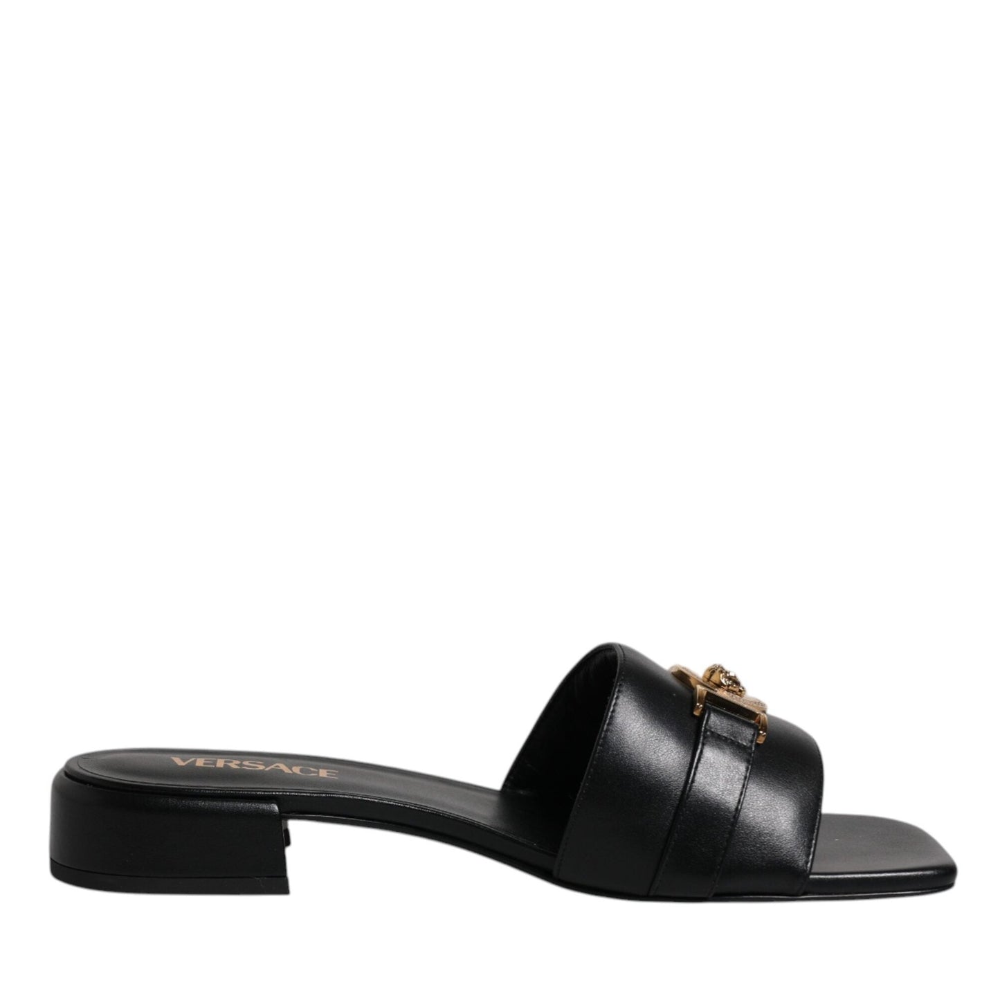 Versace Black Leather Logo Plaque Slip On Slides Flats Shoes Versace
