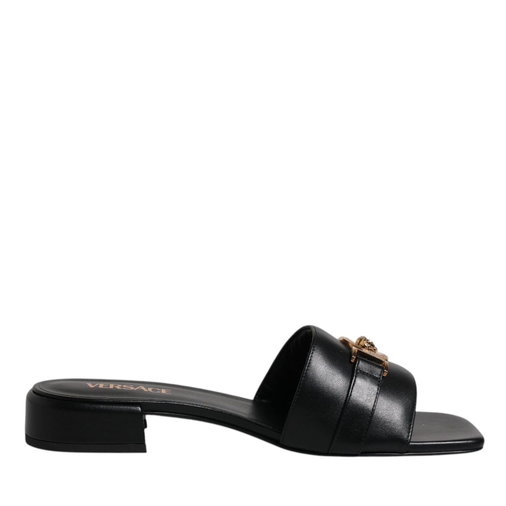Versace Black Leather Logo Plaque Slip On Slides Flats Shoes Versace