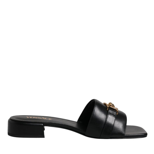 Versace Black Leather Logo Plaque Slip On Slides Flats Shoes Versace