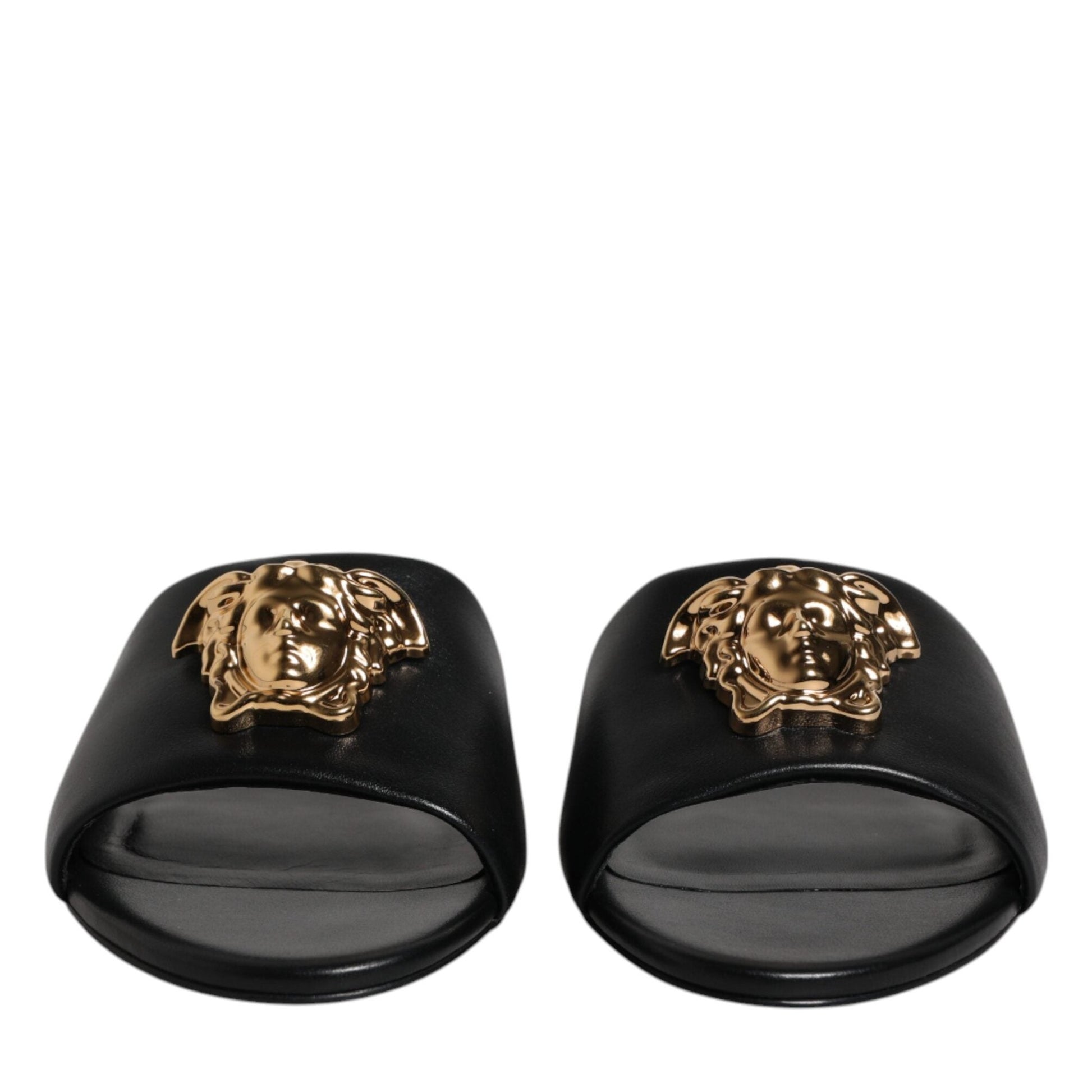 Versace Black Leather Logo Plaque Slip On Slides Flats Shoes Versace