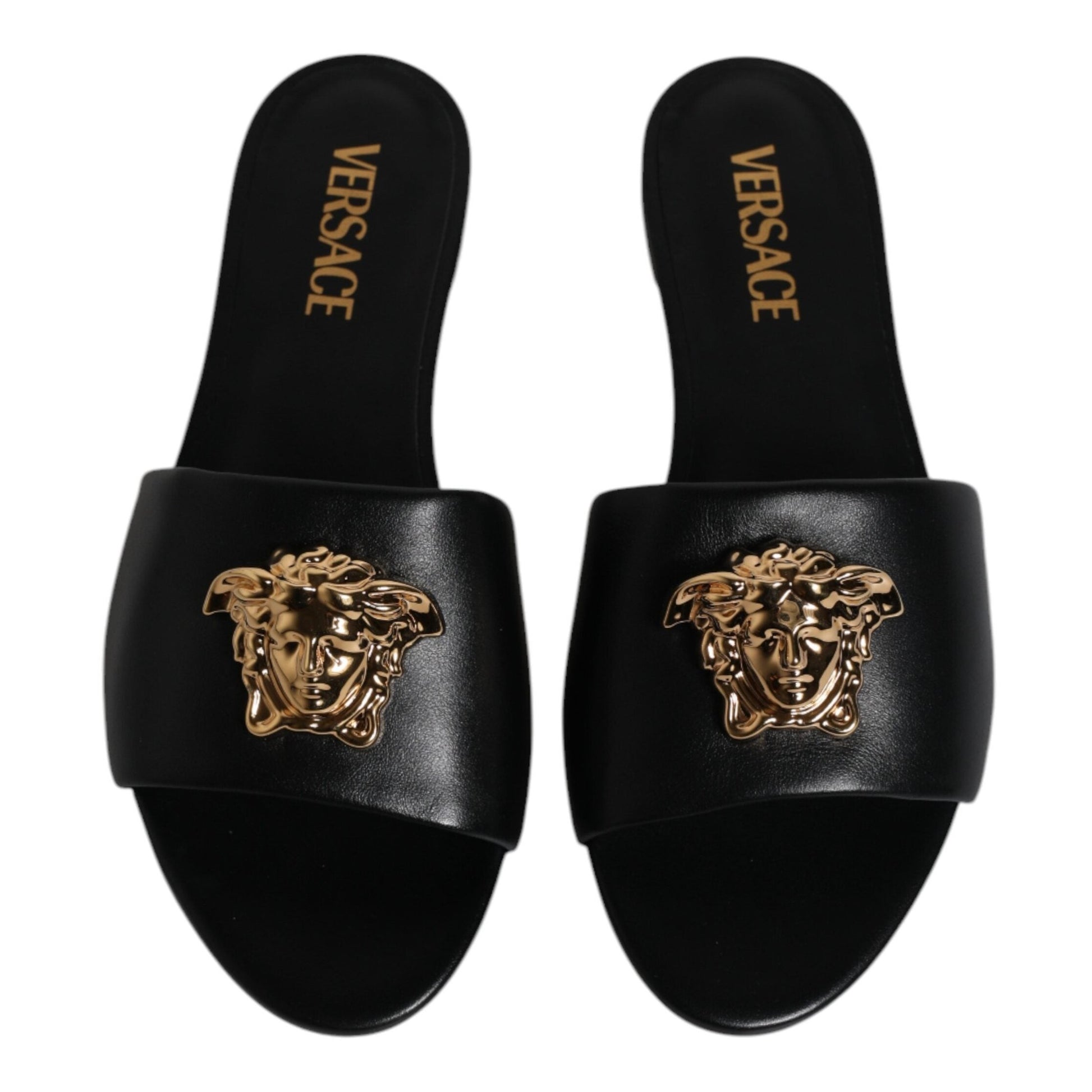 Versace Black Leather Logo Plaque Slip On Slides Flats Shoes Versace