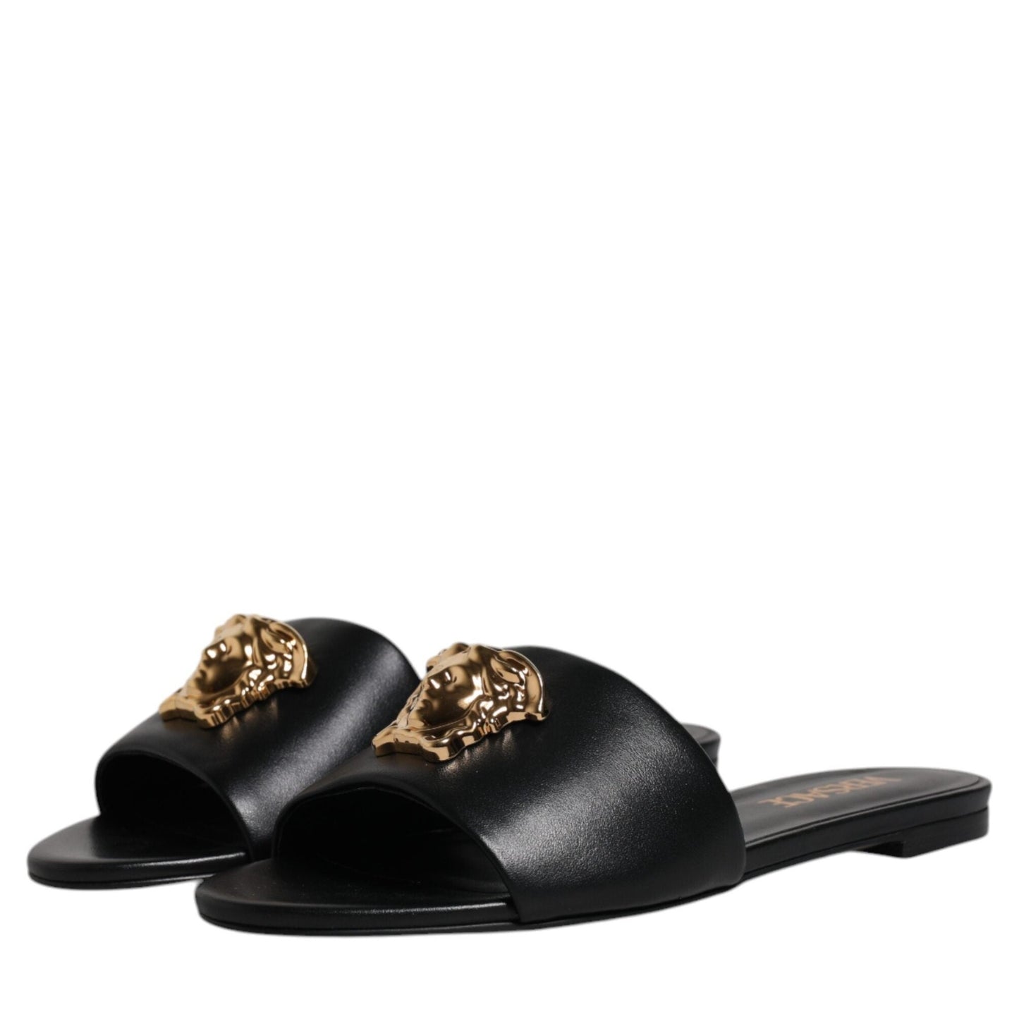 Versace Black Leather Logo Plaque Slip On Slides Flats Shoes Versace