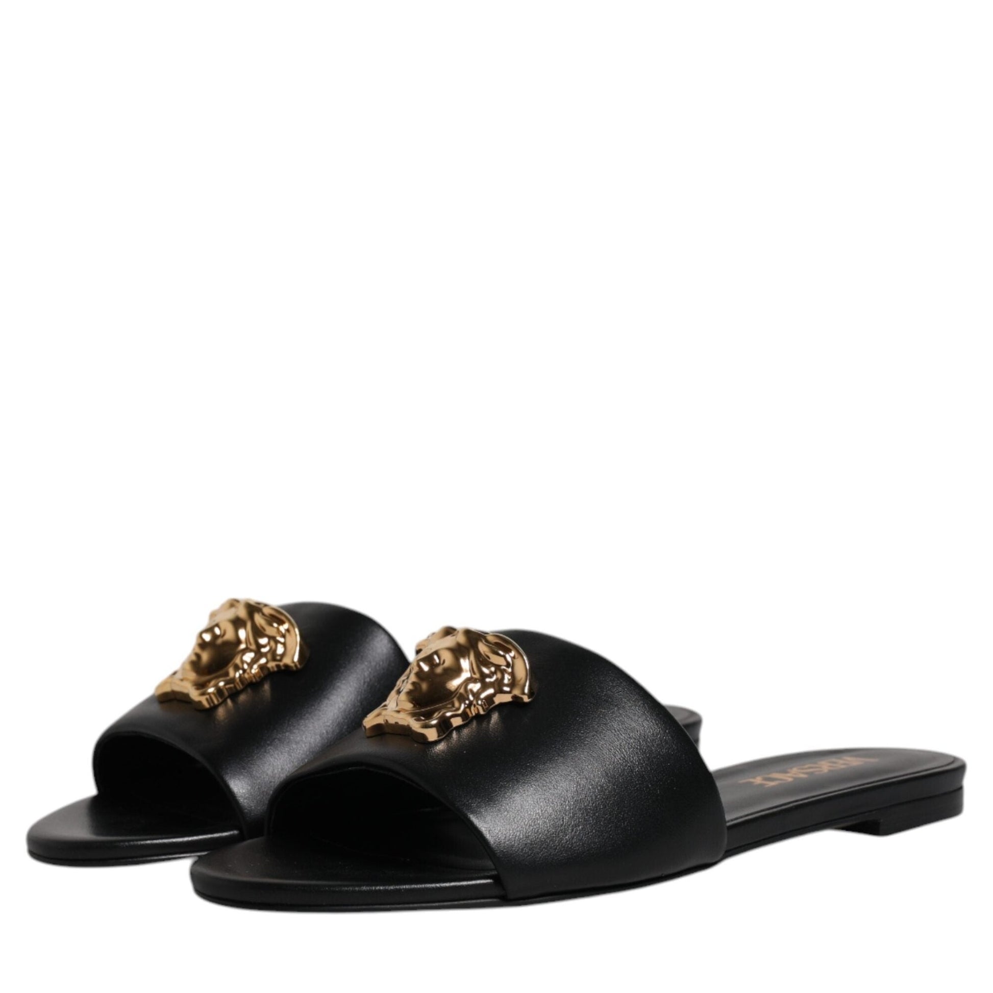Versace Black Leather Logo Plaque Slip On Slides Flats Shoes Versace