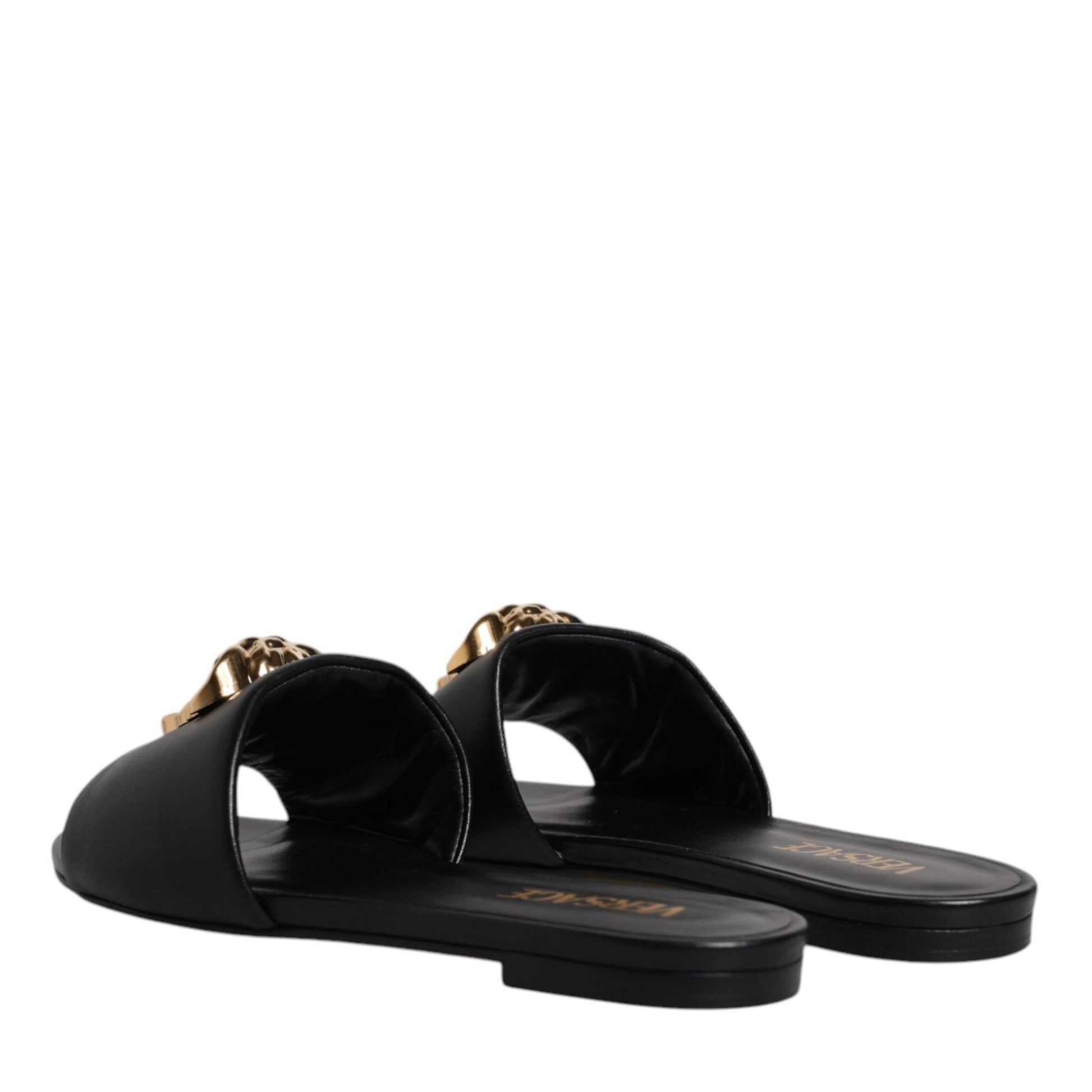 Versace Black Leather Logo Plaque Slip On Slides Flats Shoes Versace