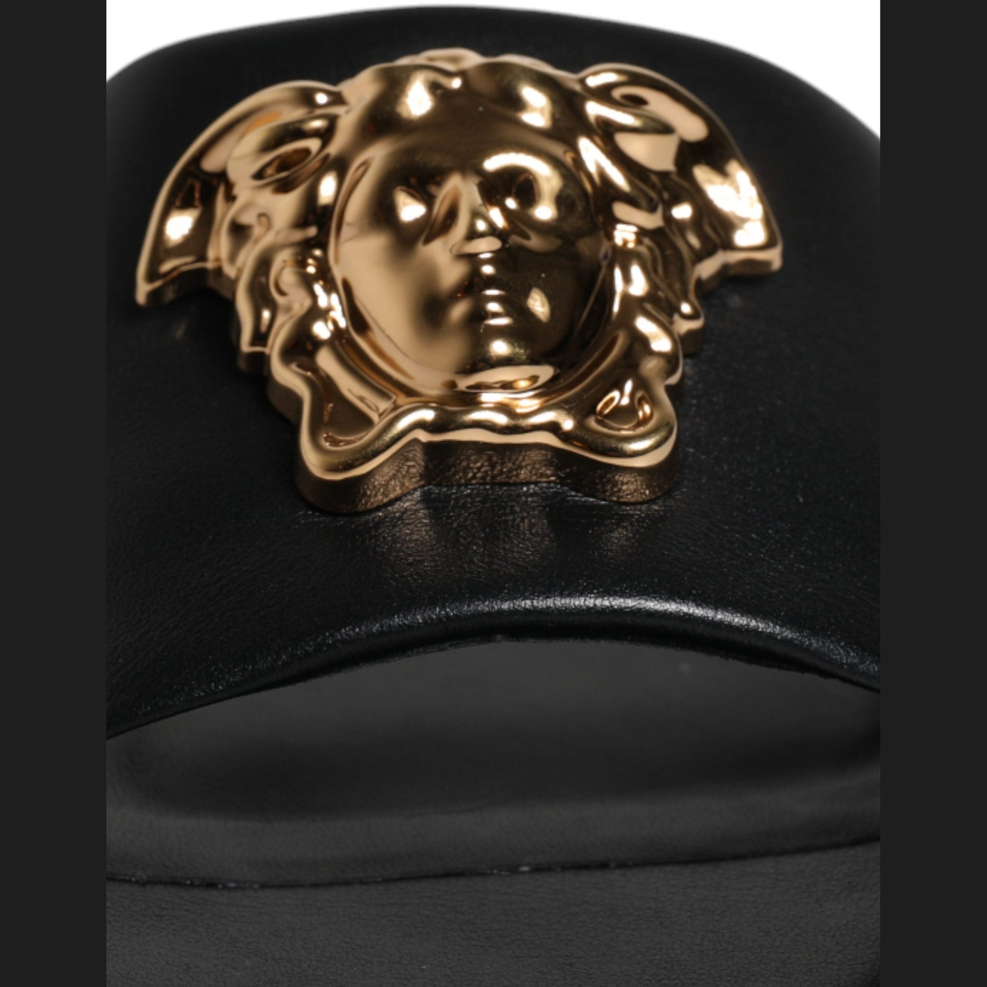 Versace Black Leather Logo Plaque Slip On Slides Flats Shoes Versace