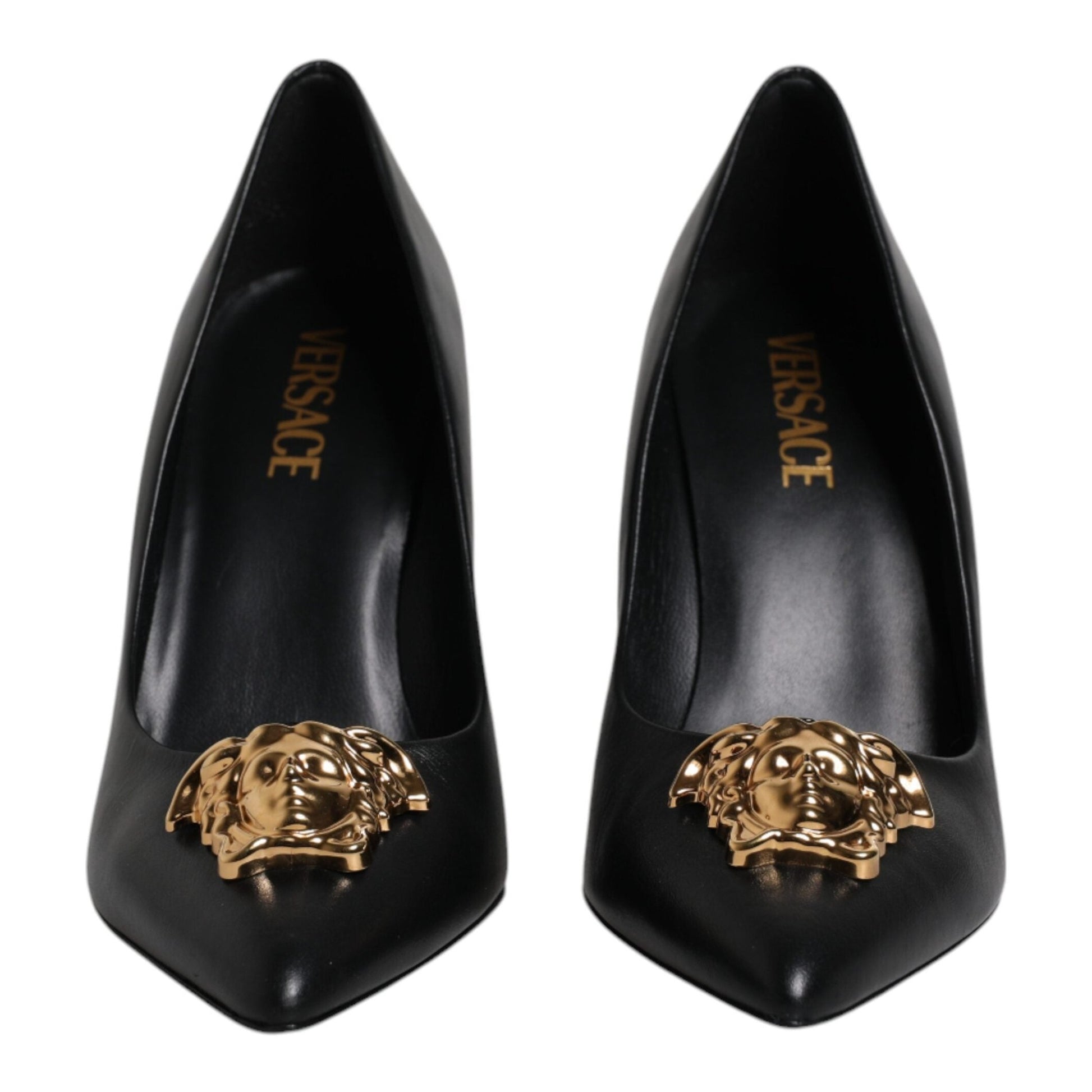 Versace Black Leather Logo Plaque High Heels Pumps Shoes Versace