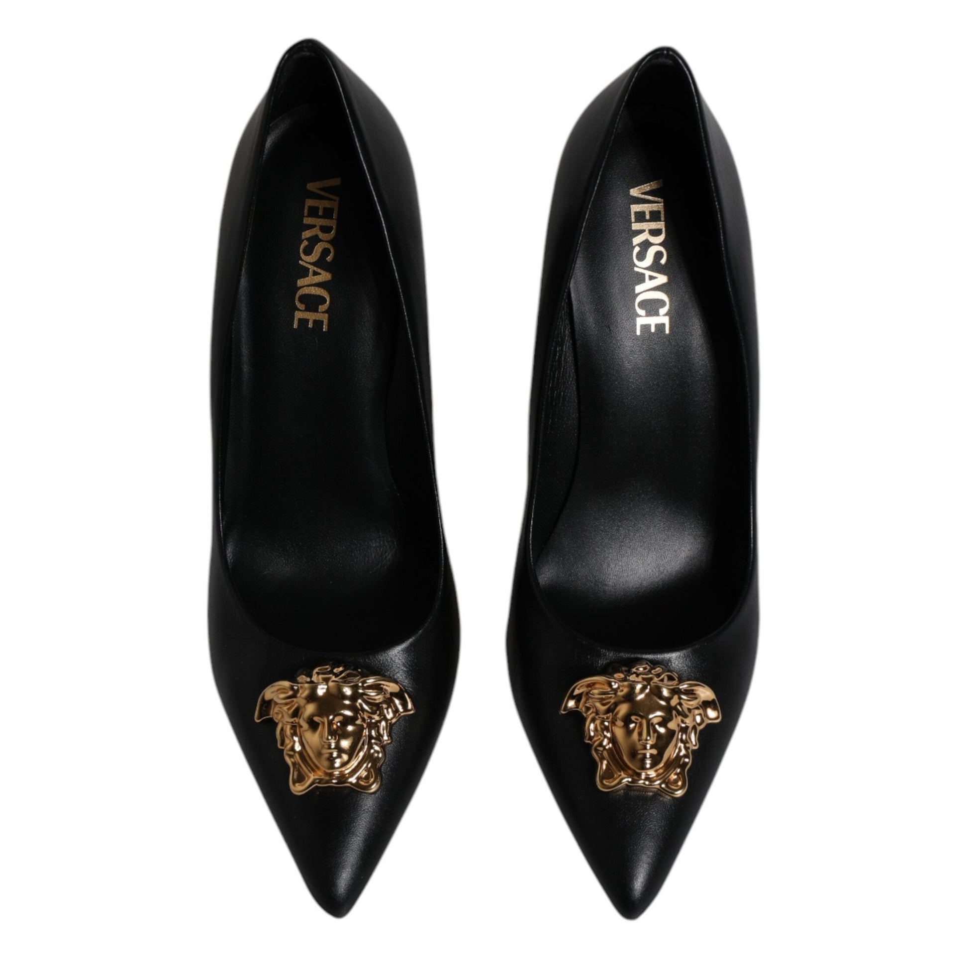 Versace Black Leather Logo Plaque High Heels Pumps Shoes Versace