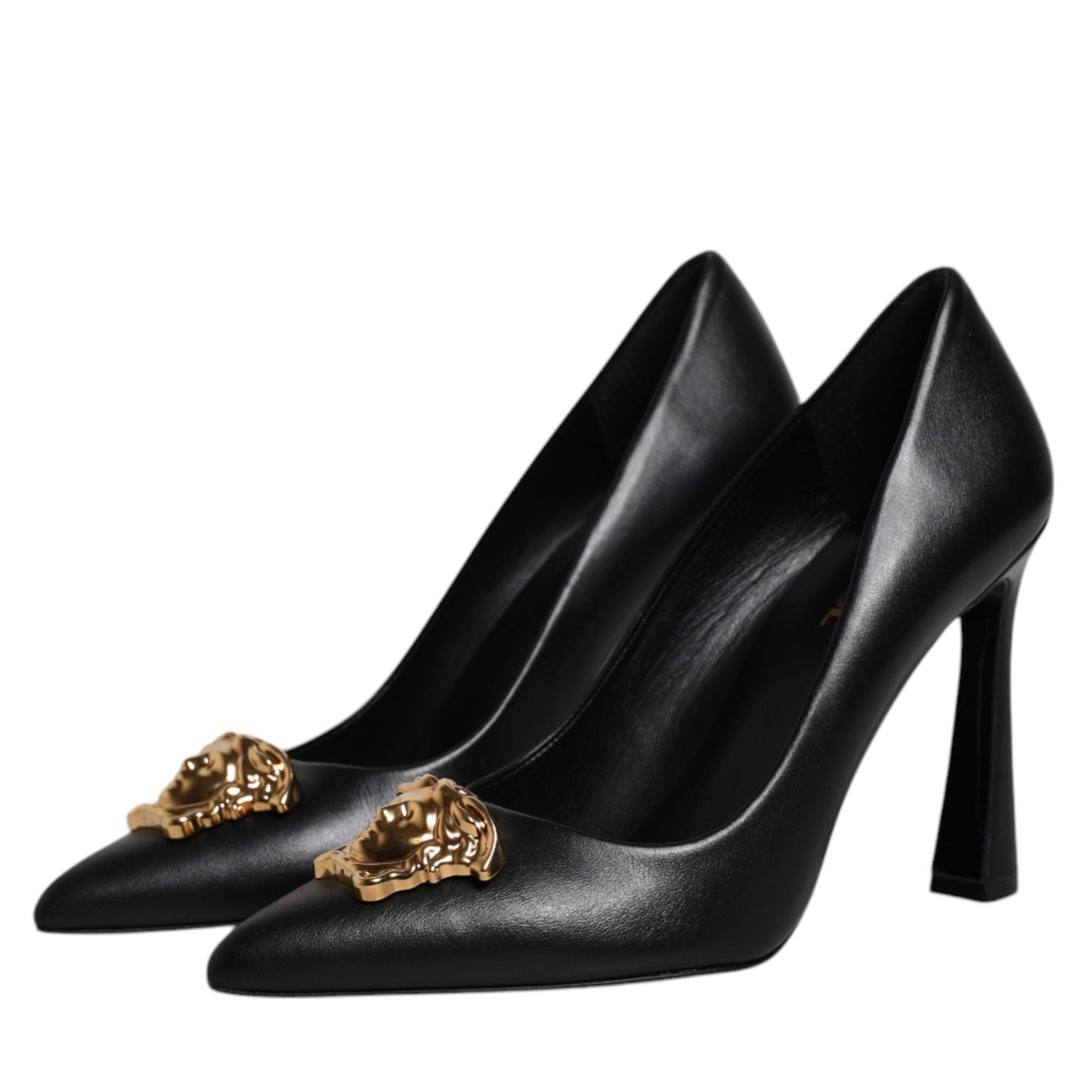 Versace Black Leather Logo Plaque High Heels Pumps Shoes Versace