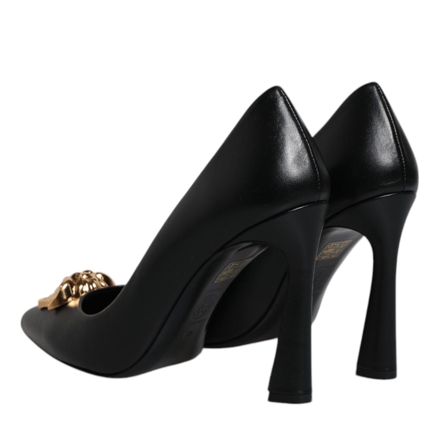 Versace Black Leather Logo Plaque High Heels Pumps Shoes Versace