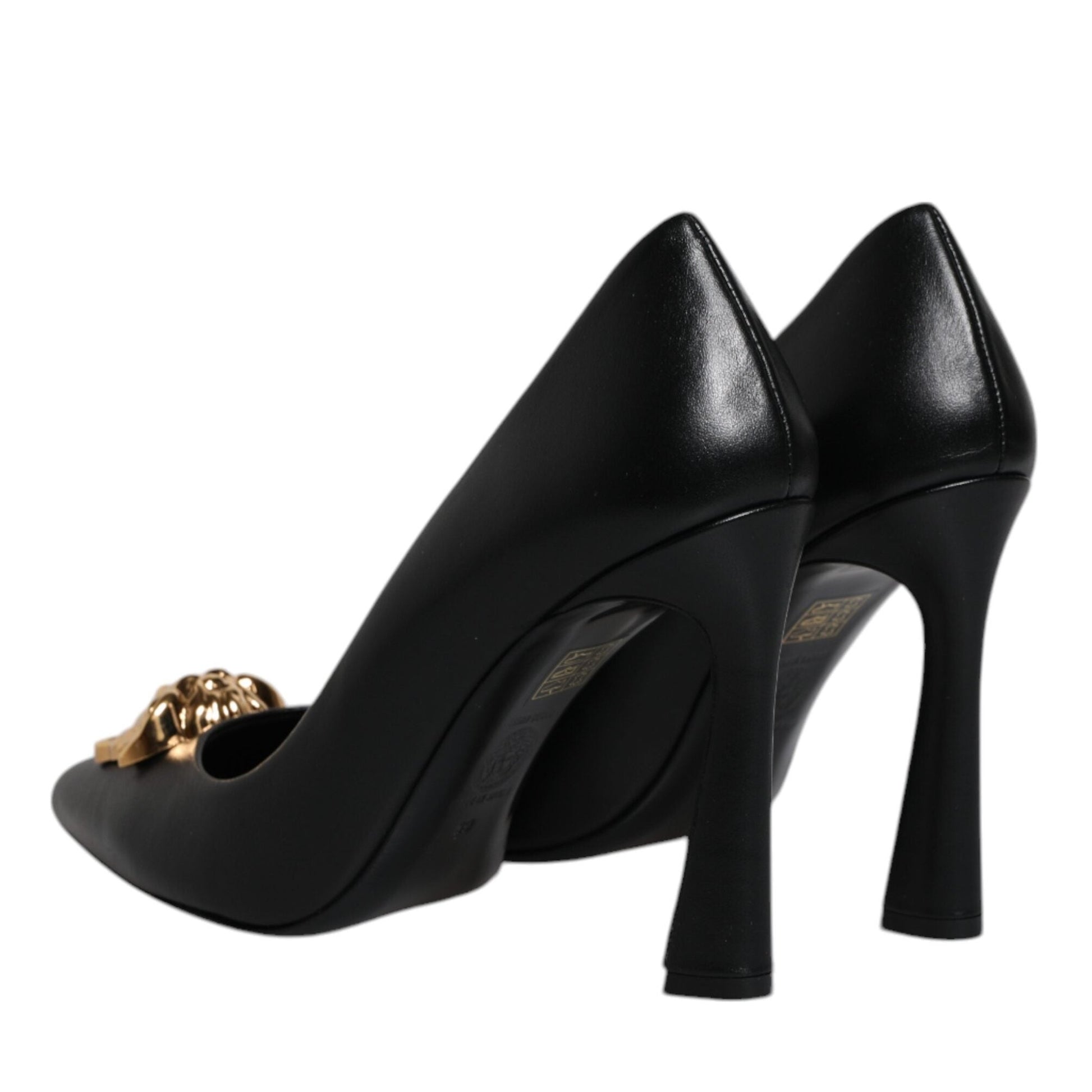 Versace Black Leather Logo Plaque High Heels Pumps Shoes Versace