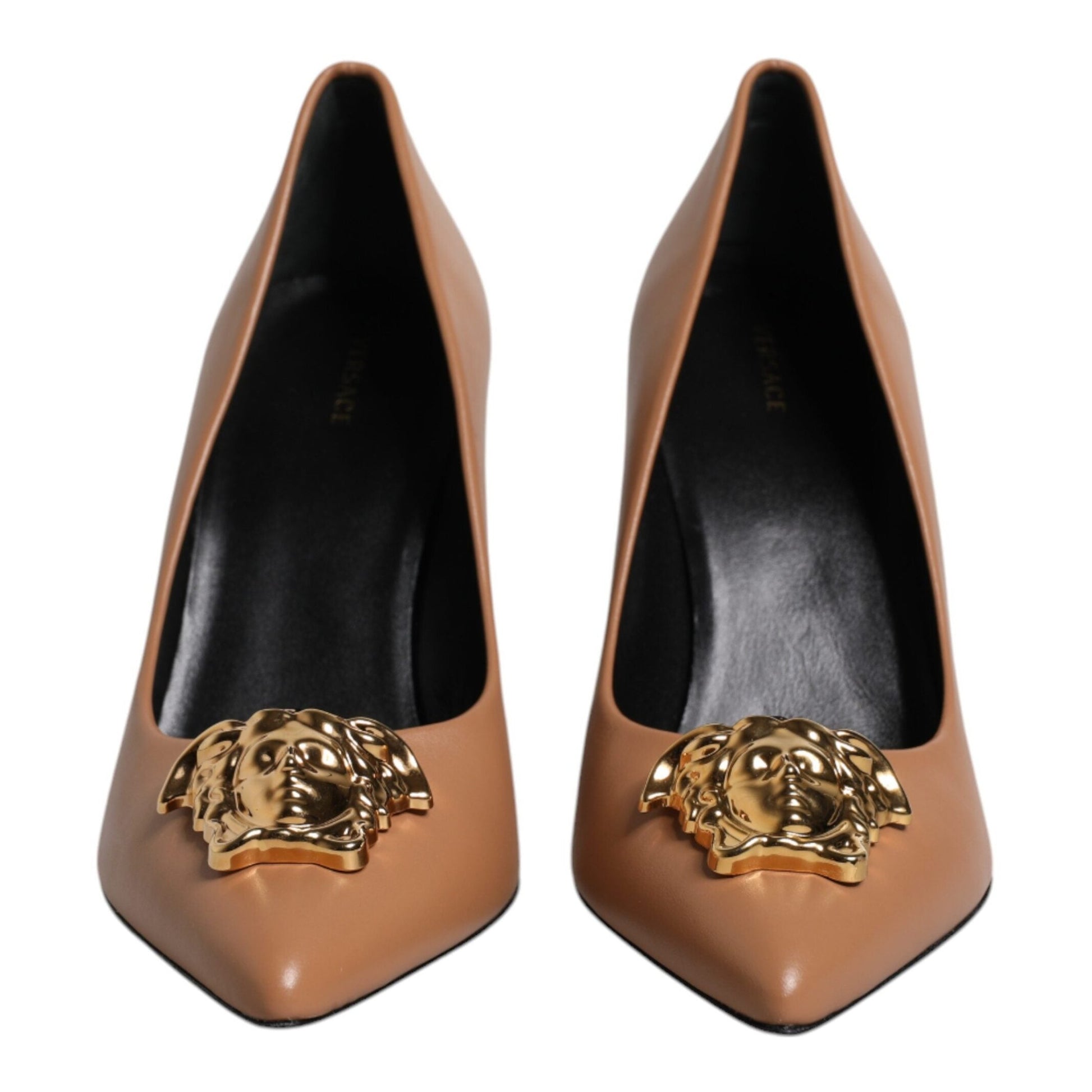 Versace Brown Leather Logo Plaque High Heels Pumps Shoes Versace