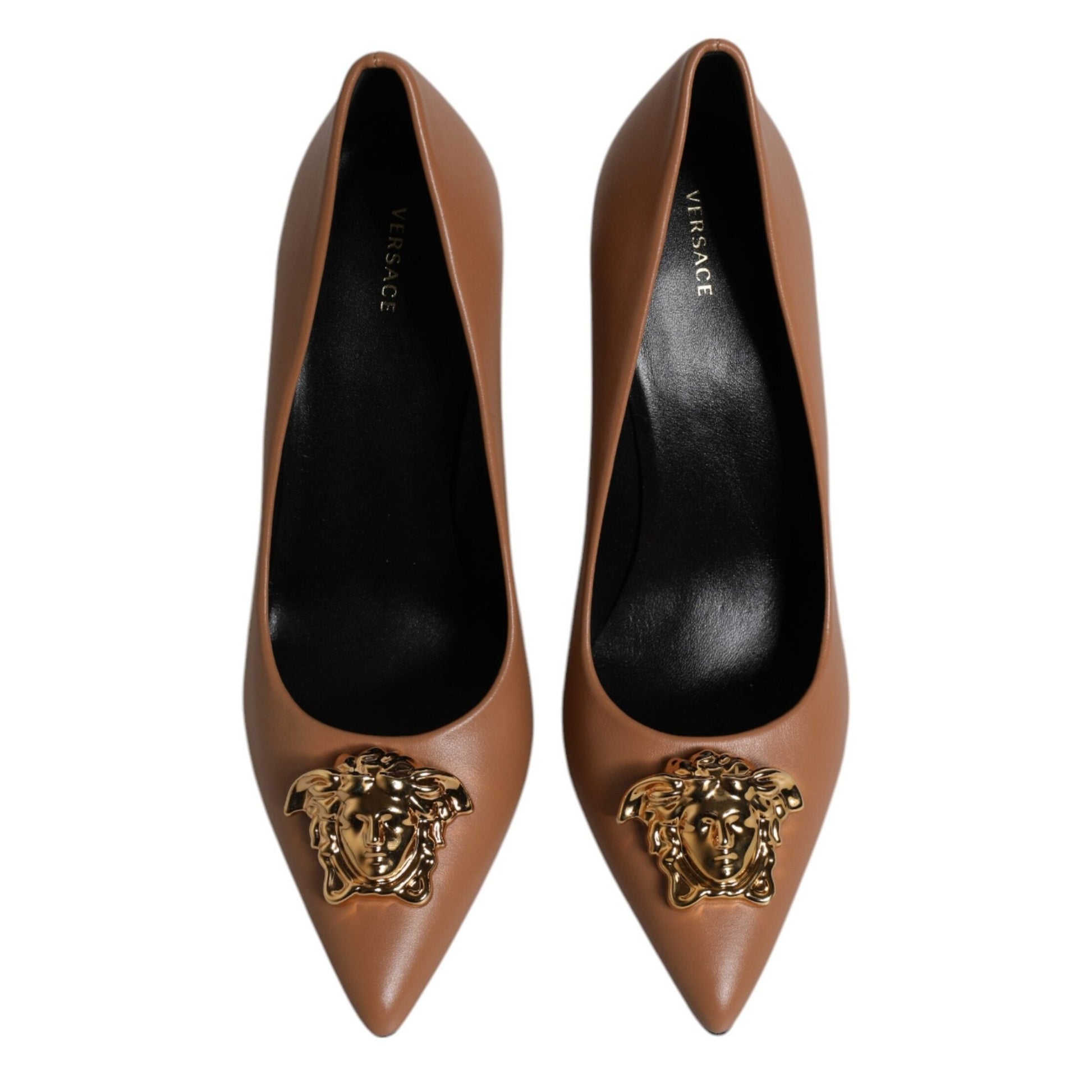 Versace Brown Leather Logo Plaque High Heels Pumps Shoes Versace