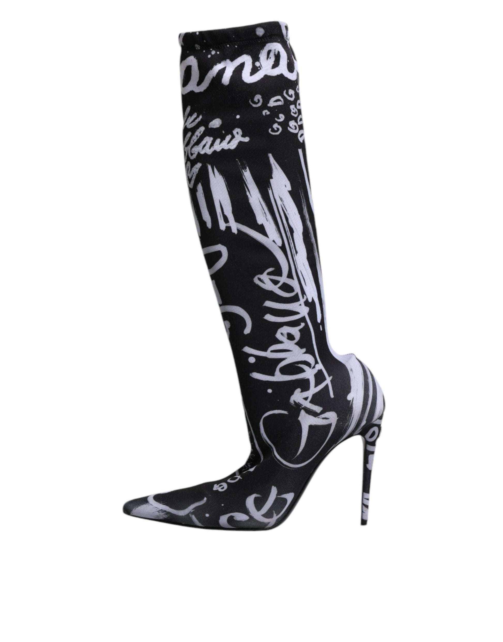 Dolce & Gabbana Black Logo Stretch Heels High Boots Shoes Dolce & Gabbana