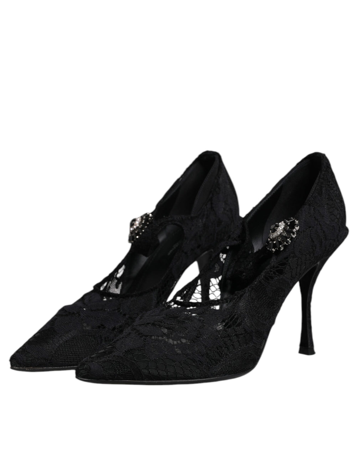 Dolce & Gabbana Black Lace Crystals Mary Jane Pumps Shoes - Eljoys Fashion 