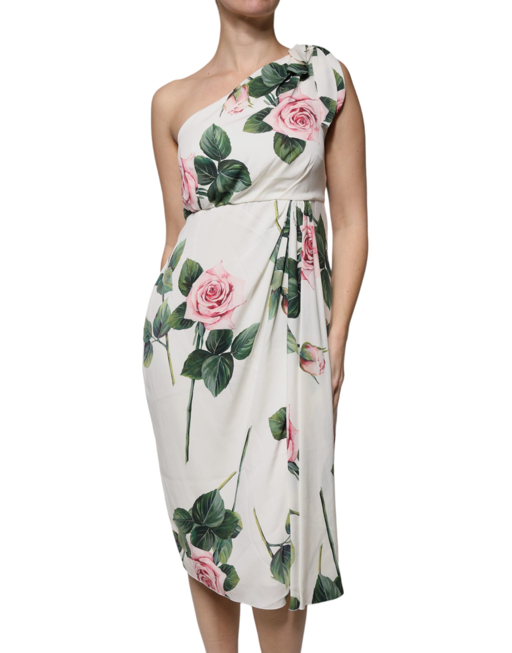 Dolce & Gabbana White Floral Silk One Shoulder Midi Dress Dolce & Gabbana