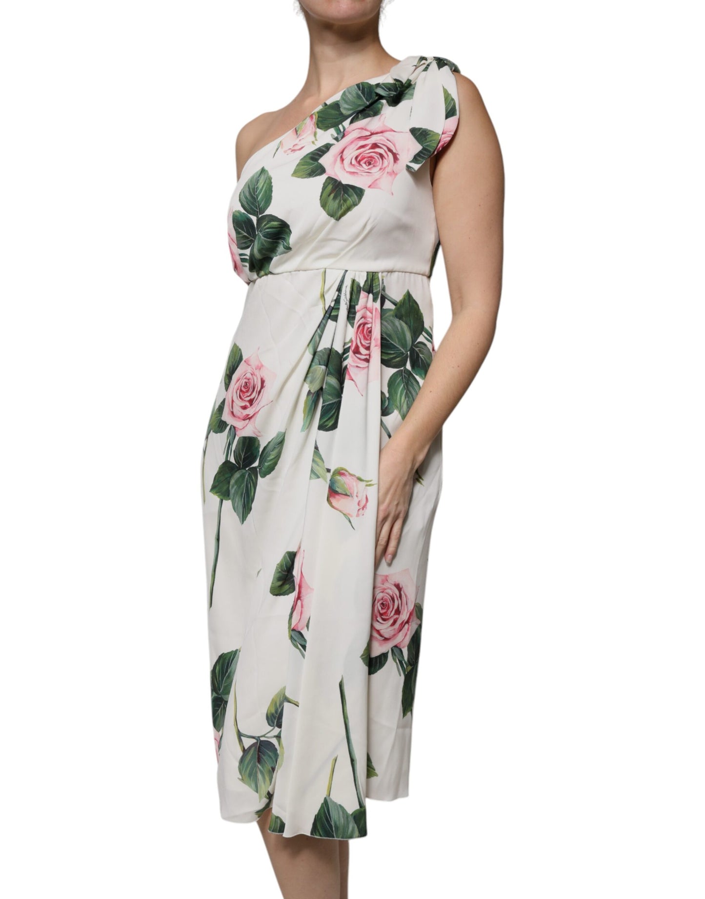 Dolce & Gabbana White Floral Silk One Shoulder Midi Dress Dolce & Gabbana