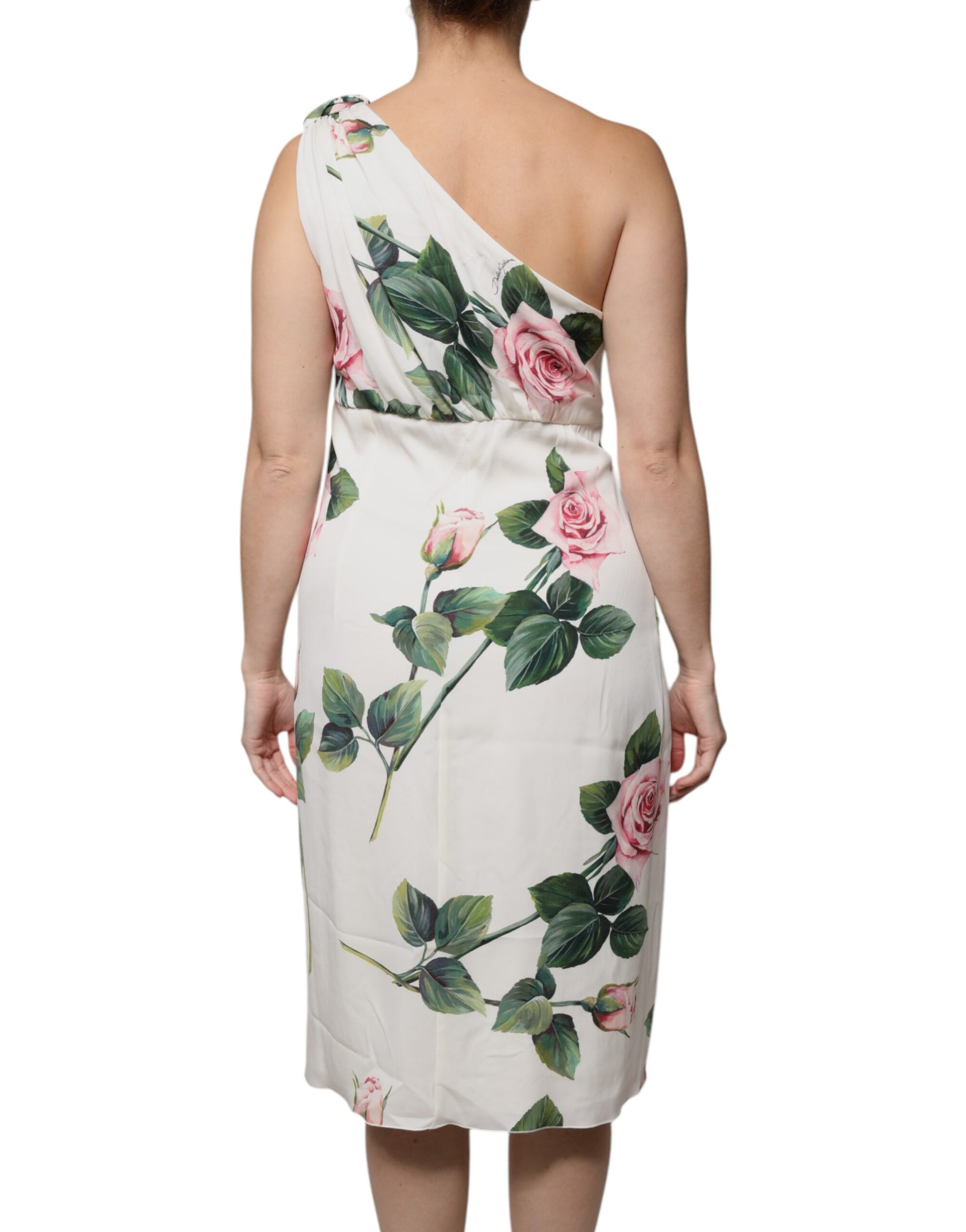 Dolce & Gabbana White Floral Silk One Shoulder Midi Dress Dolce & Gabbana