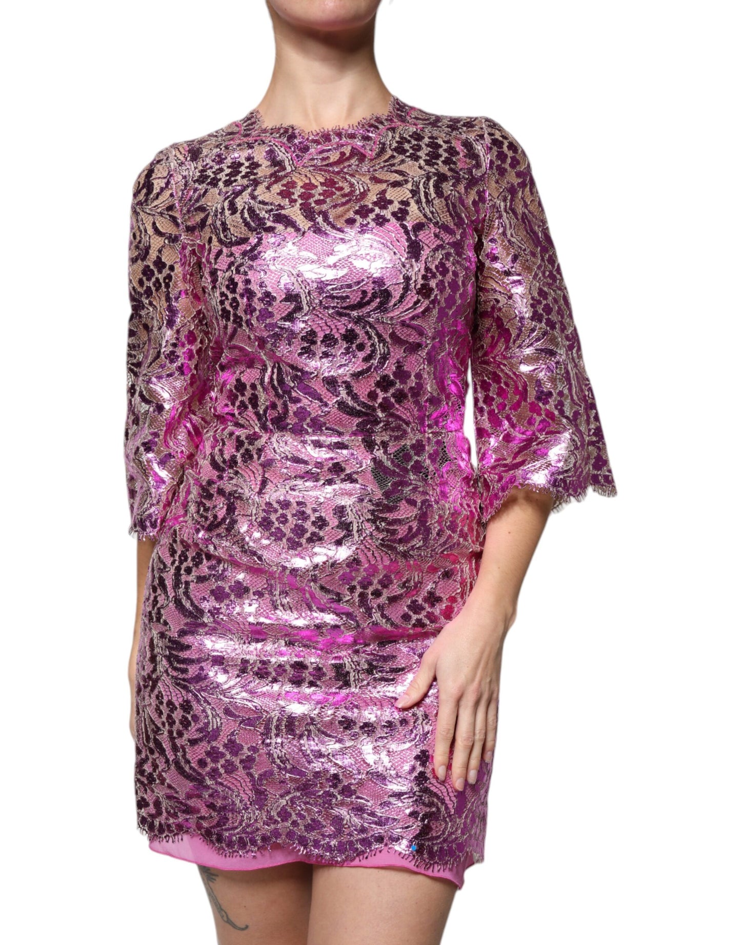 Dolce & Gabbana Metallic Fuchsia Floral Sheath Mini Dress Dolce & Gabbana
