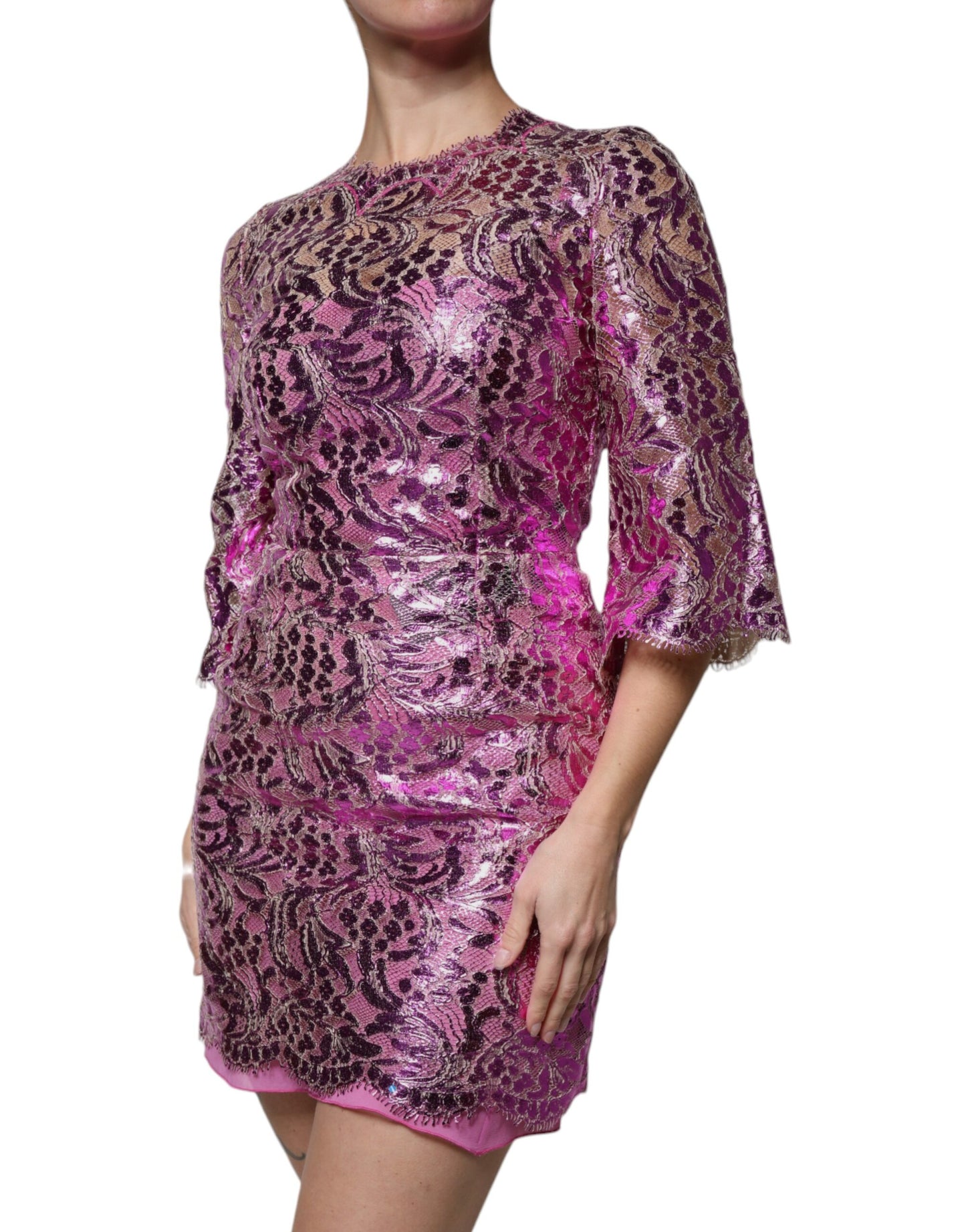 Dolce & Gabbana Metallic Fuchsia Floral Sheath Mini Dress Dolce & Gabbana