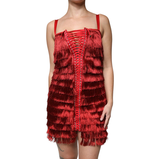 Dolce & Gabbana Red Lace Tassel Sleeveless Sheath Mini Dress Dolce & Gabbana