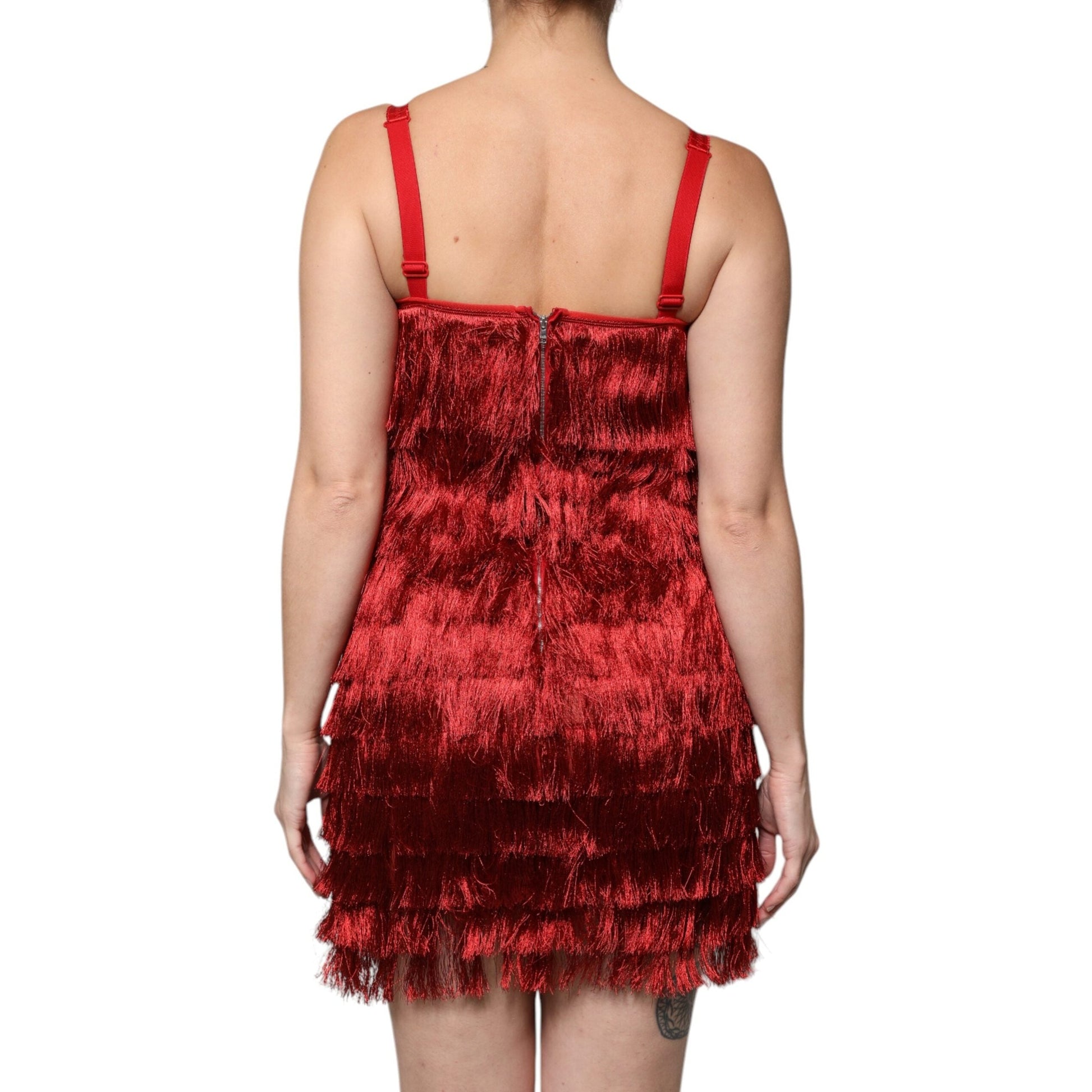Dolce & Gabbana Red Lace Tassel Sleeveless Sheath Mini Dress Dolce & Gabbana