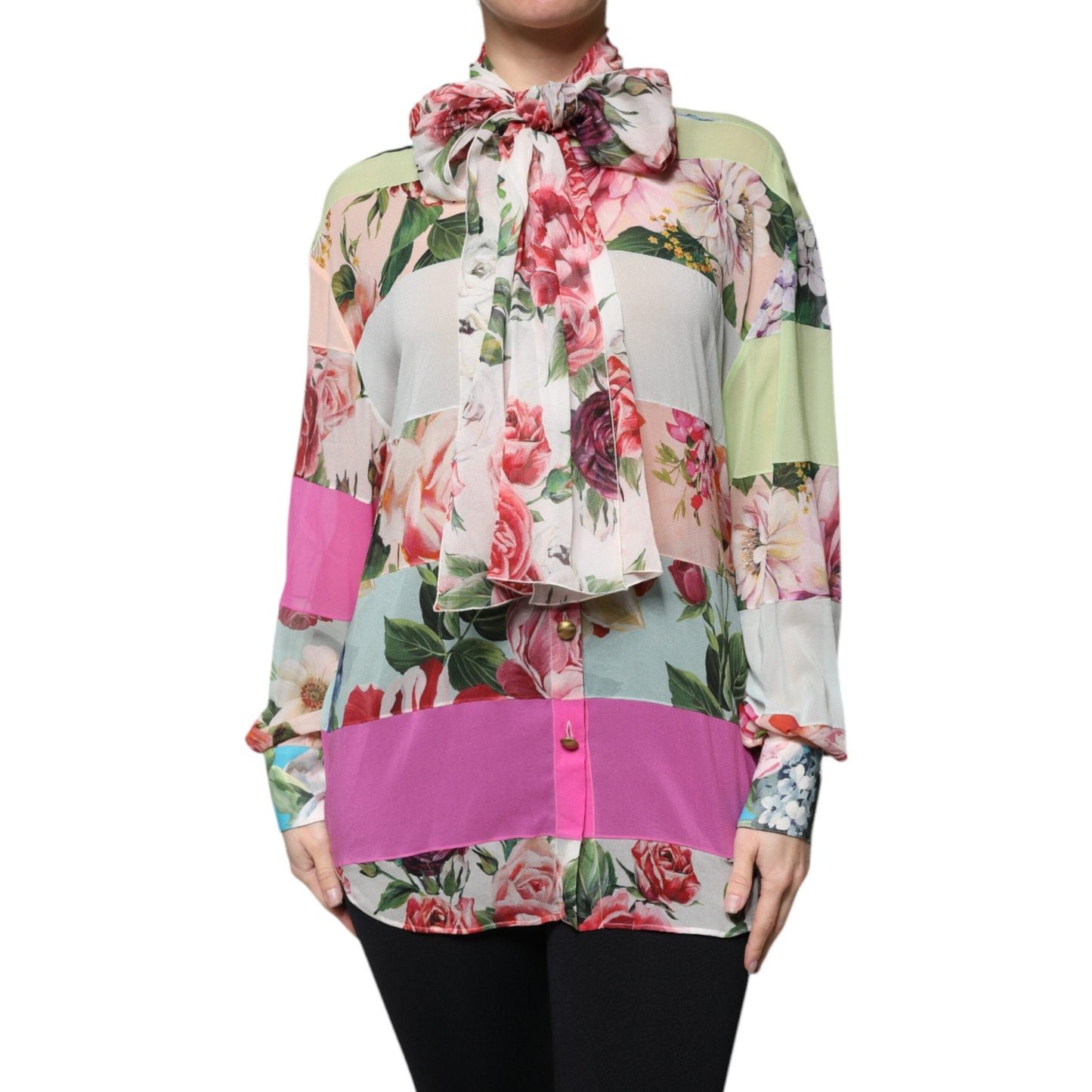 Dolce & Gabbana Multicolor Floral Patchwork Ascot Collar Top Dolce & Gabbana