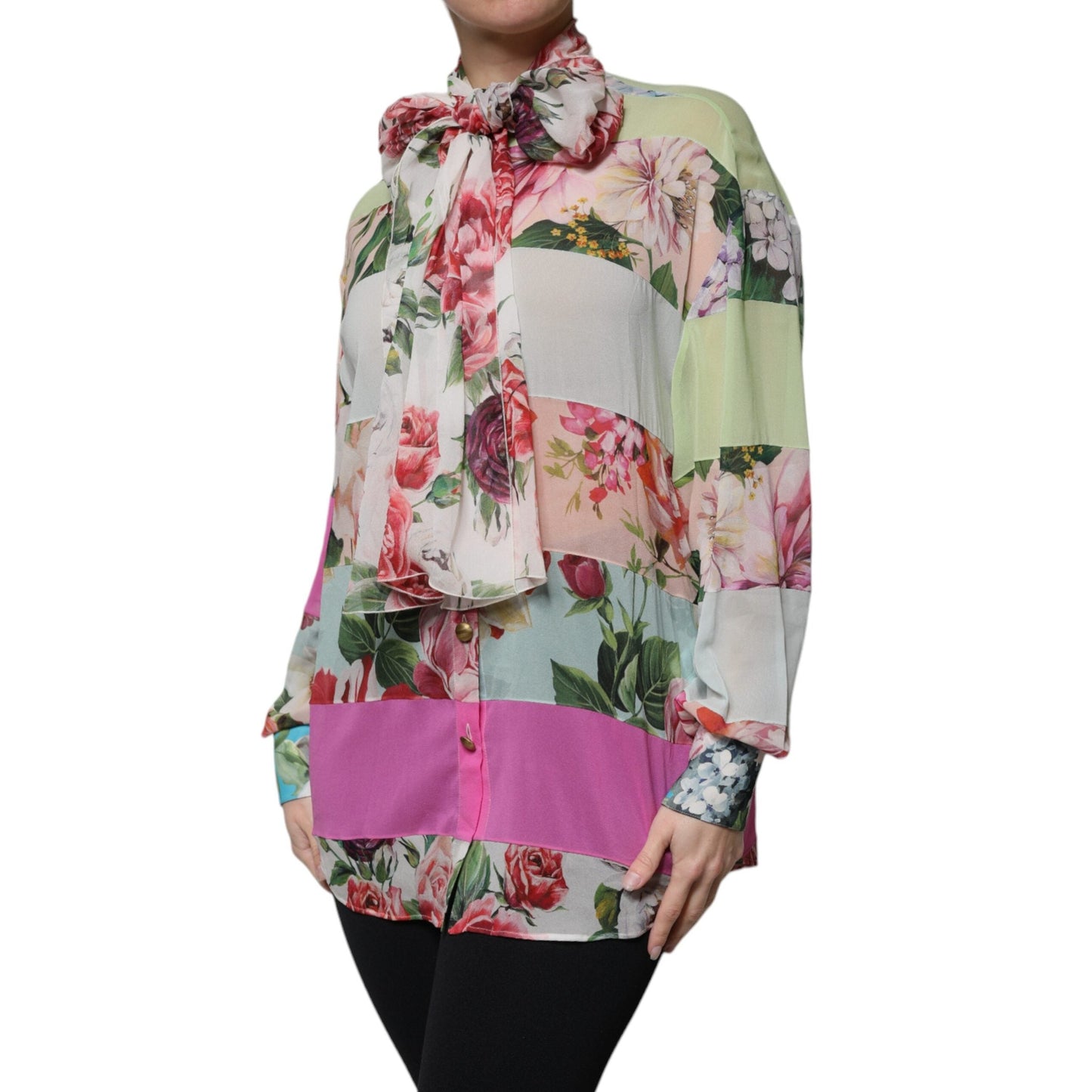 Dolce & Gabbana Multicolor Floral Patchwork Ascot Collar Top Dolce & Gabbana