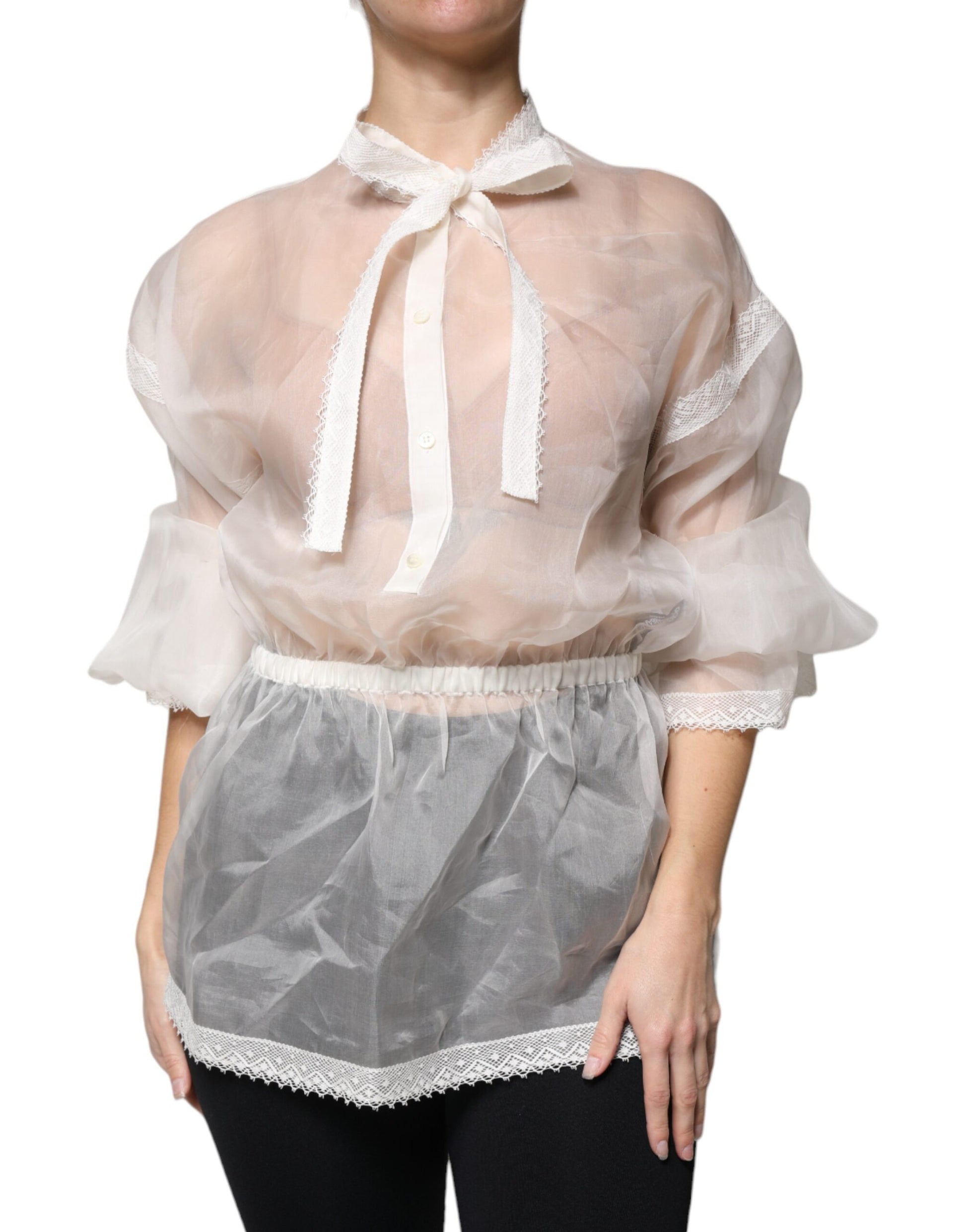 Dolce & Gabbana White Ascot Collar Long Sleeves Blouse Top Dolce & Gabbana