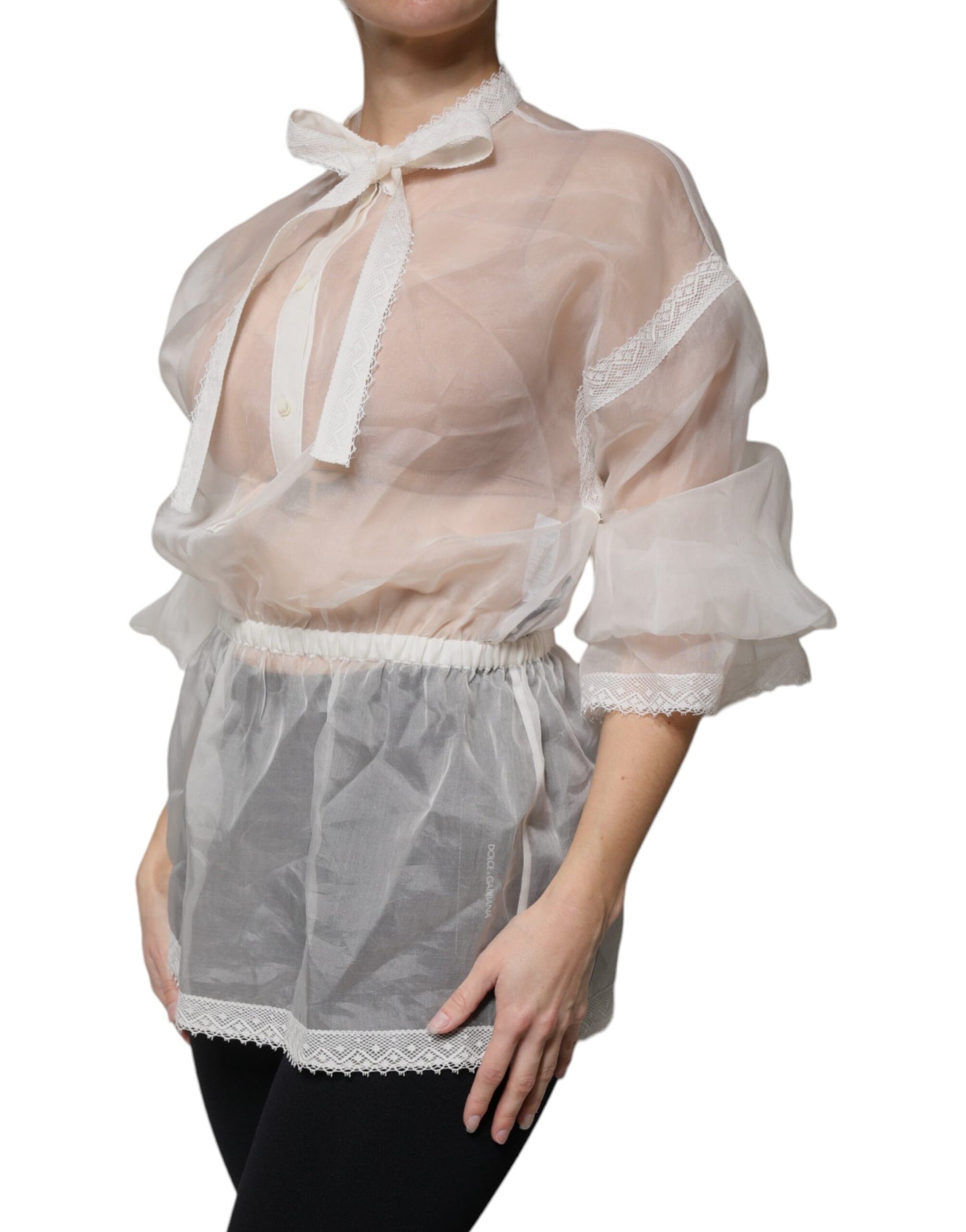 Dolce & Gabbana White Ascot Collar Long Sleeves Blouse Top Dolce & Gabbana