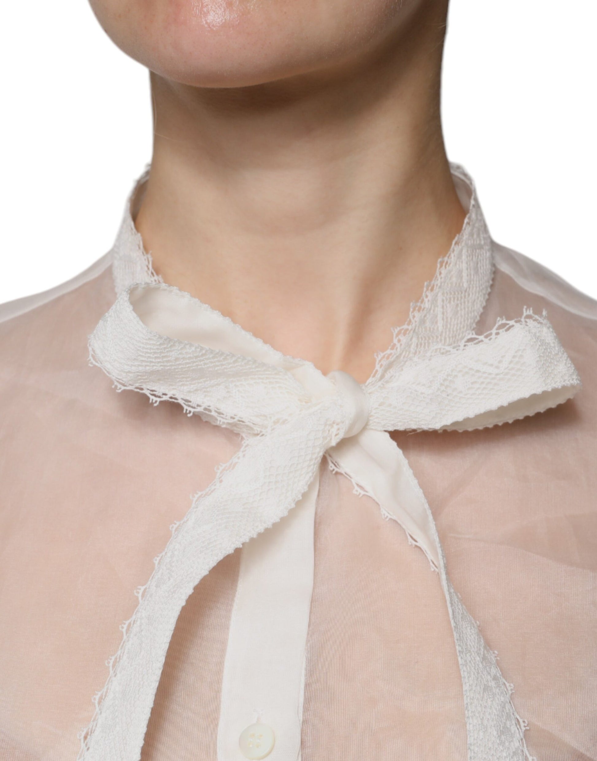 Dolce & Gabbana White Ascot Collar Long Sleeves Blouse Top Dolce & Gabbana