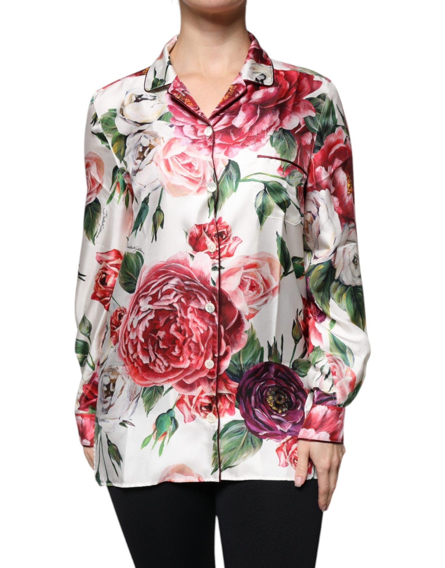 Dolce & Gabbana White Peony Silk Long Sleeves Collared Blouse Top Dolce & Gabbana