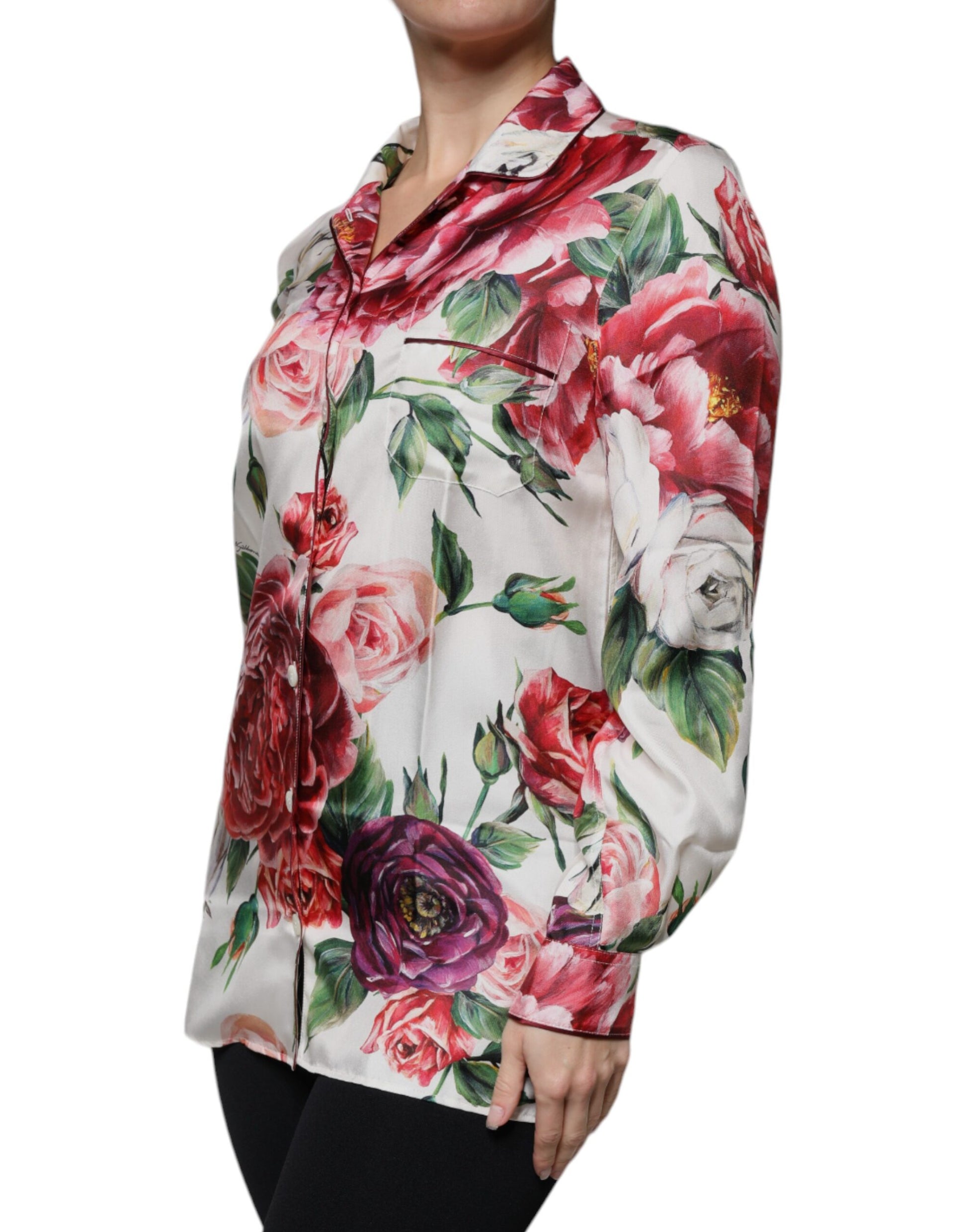 Dolce & Gabbana White Peony Silk Long Sleeves Collared Blouse Top Dolce & Gabbana