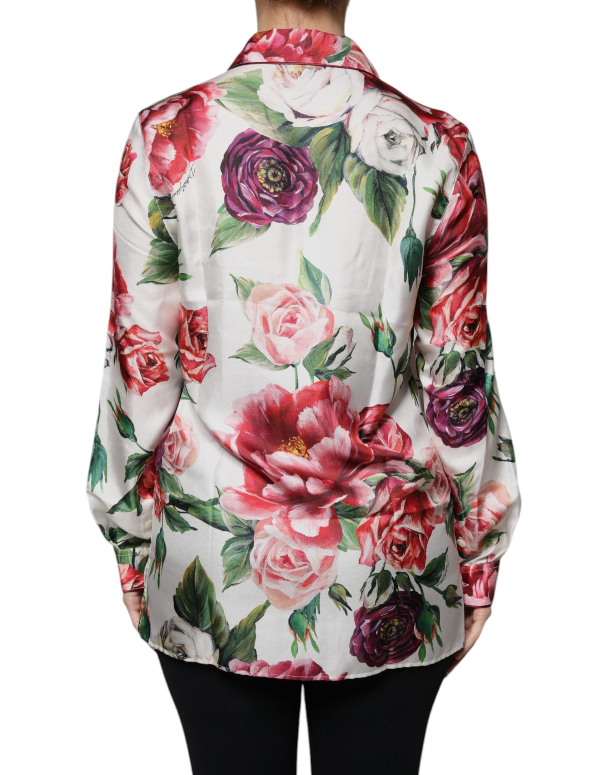 Dolce & Gabbana White Peony Silk Long Sleeves Collared Blouse Top Dolce & Gabbana