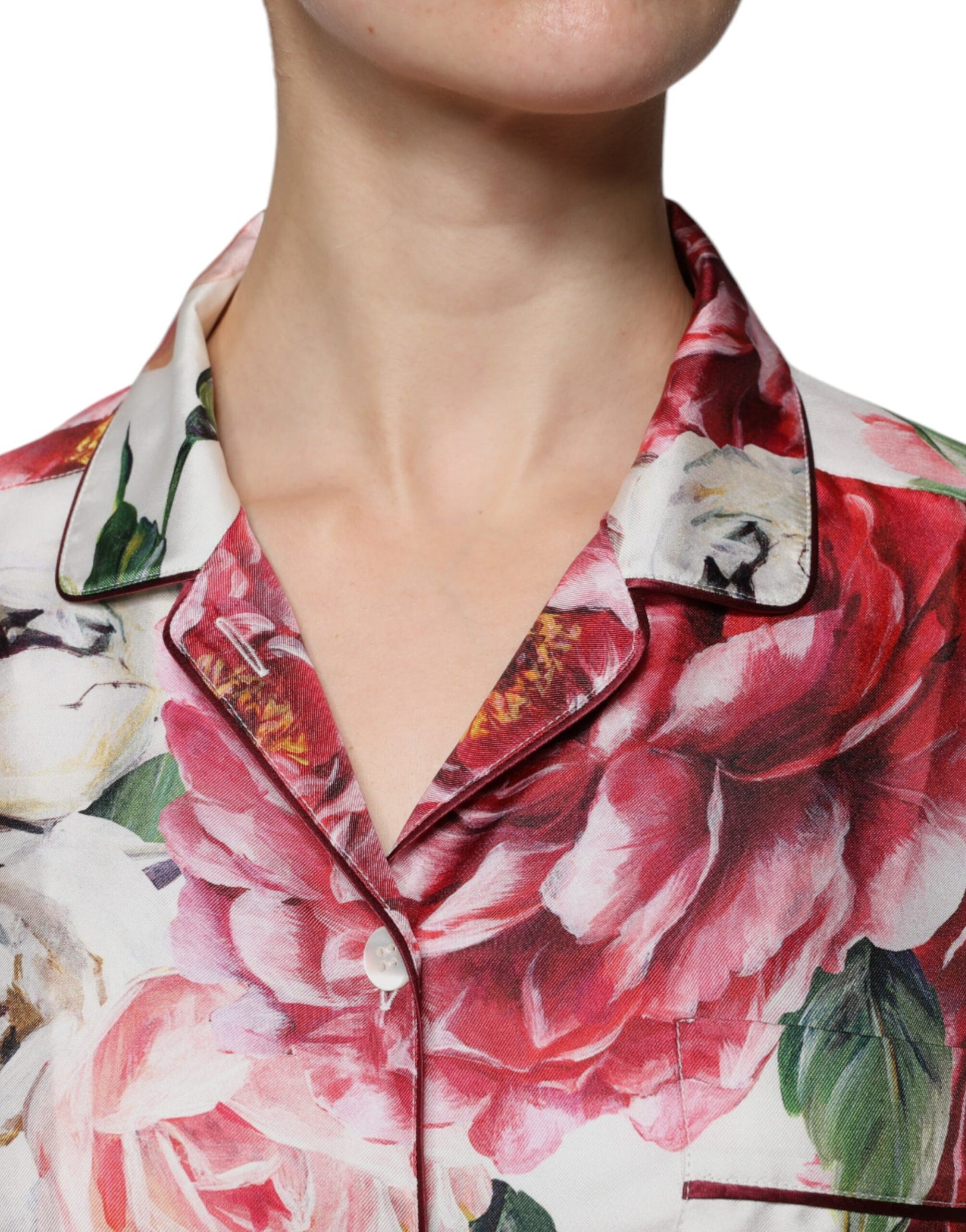 Dolce & Gabbana White Peony Silk Long Sleeves Collared Blouse Top Dolce & Gabbana