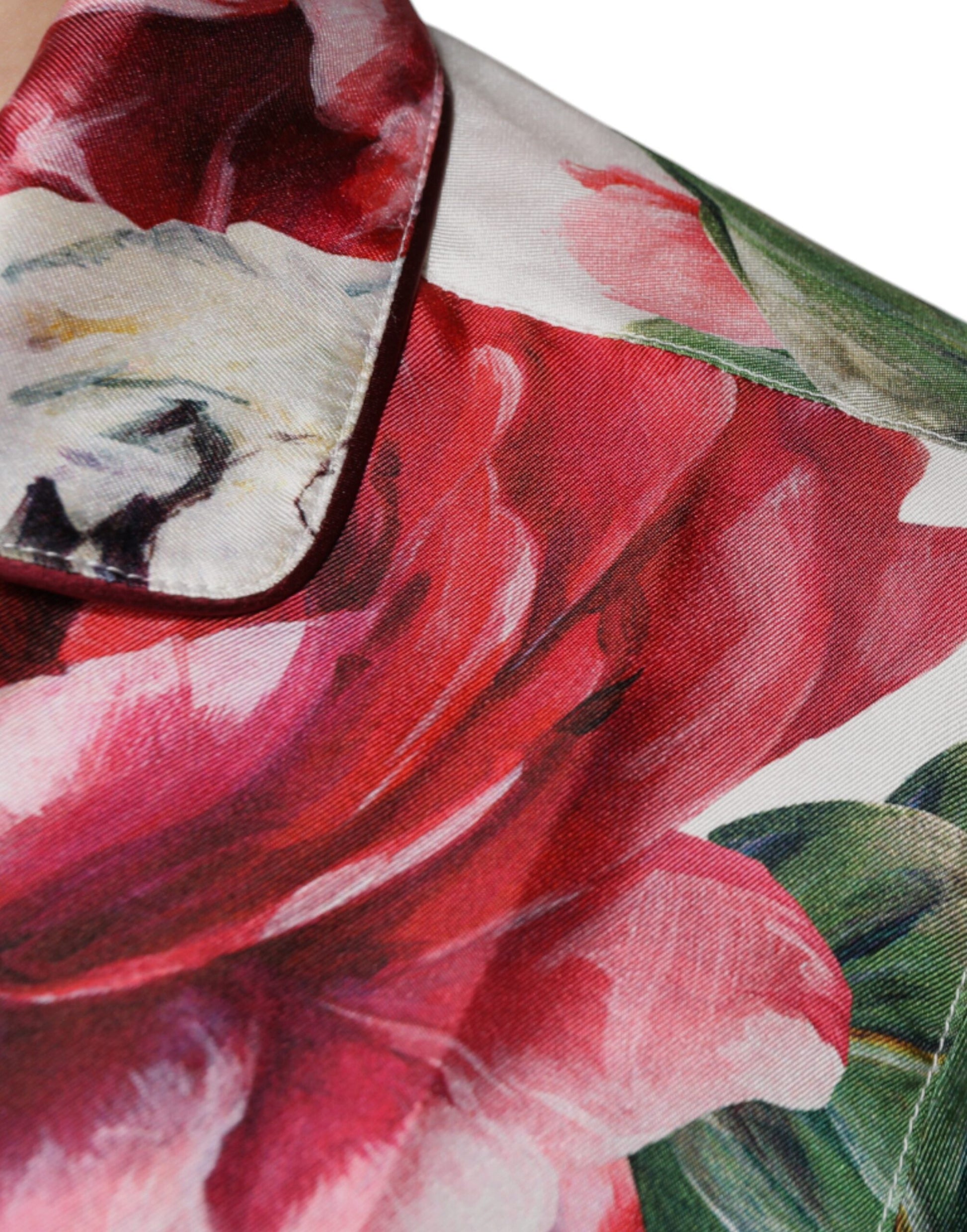 Dolce & Gabbana White Peony Silk Long Sleeves Collared Blouse Top Dolce & Gabbana