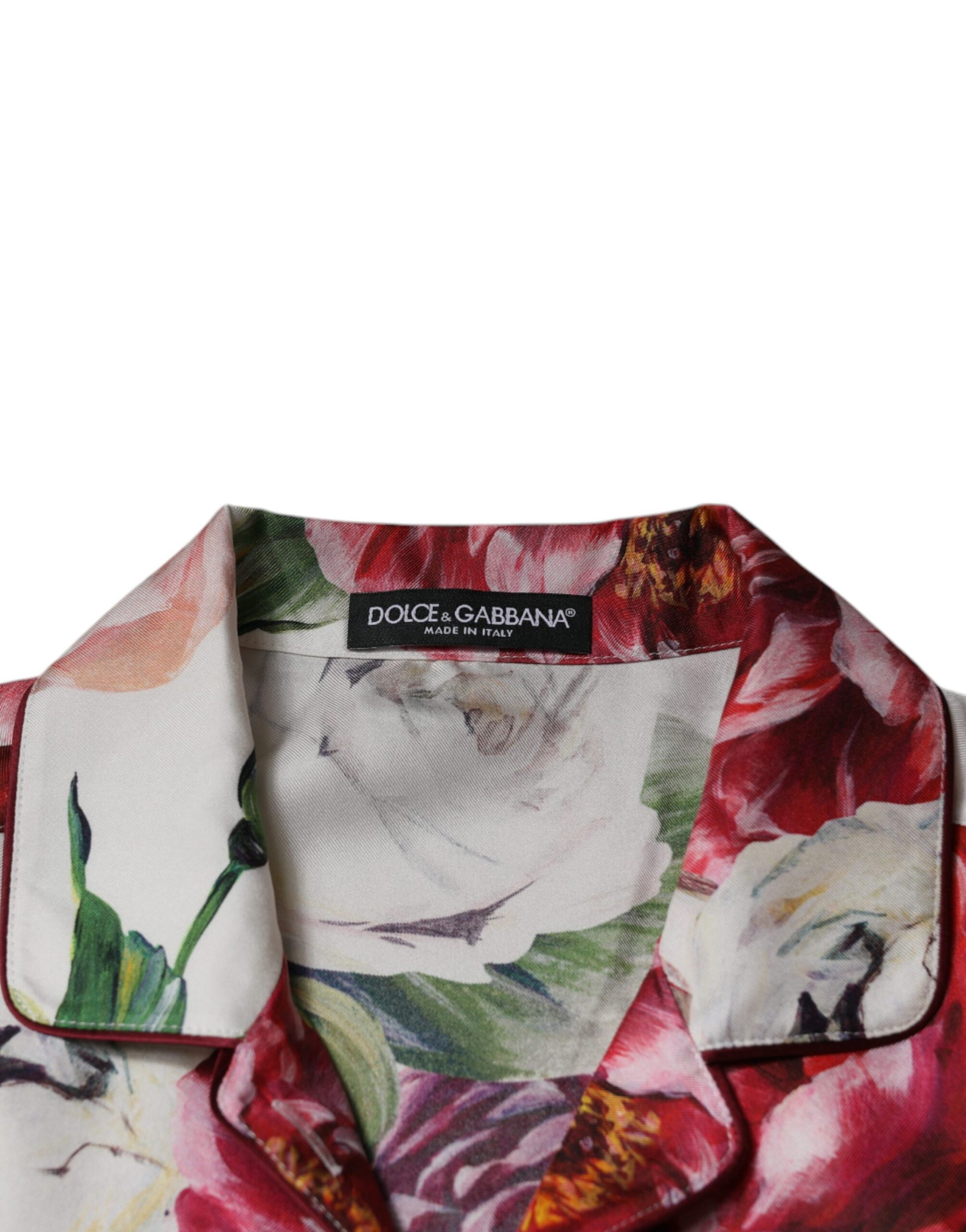 Dolce & Gabbana White Peony Silk Long Sleeves Collared Blouse Top Dolce & Gabbana