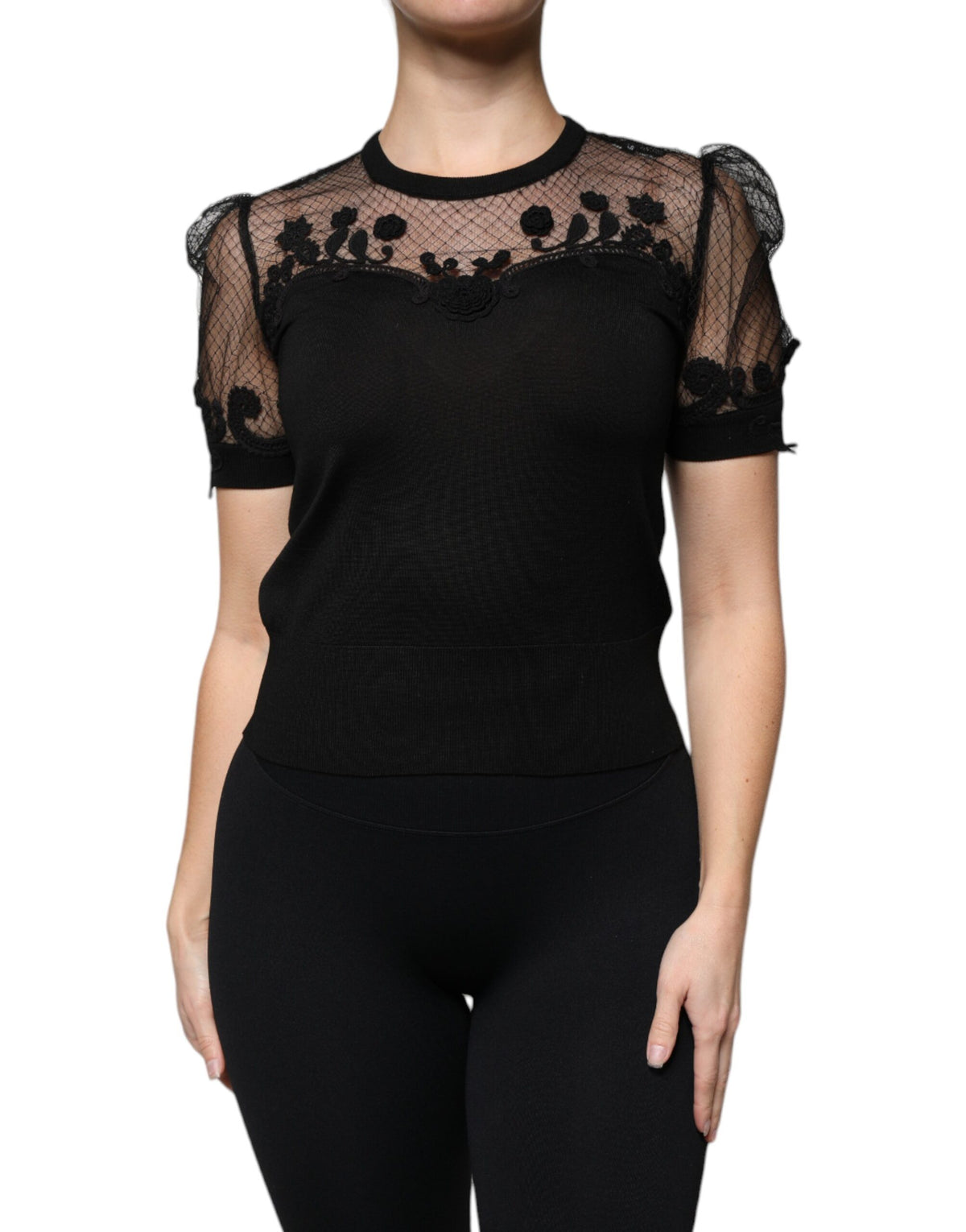 Dolce & Gabbana Black Floral Lace Short Sleeves Blouse Top - Eljoys Fashion 