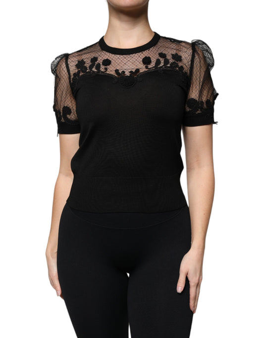Dolce & Gabbana Black Floral Lace Short Sleeves Blouse Top Dolce & Gabbana