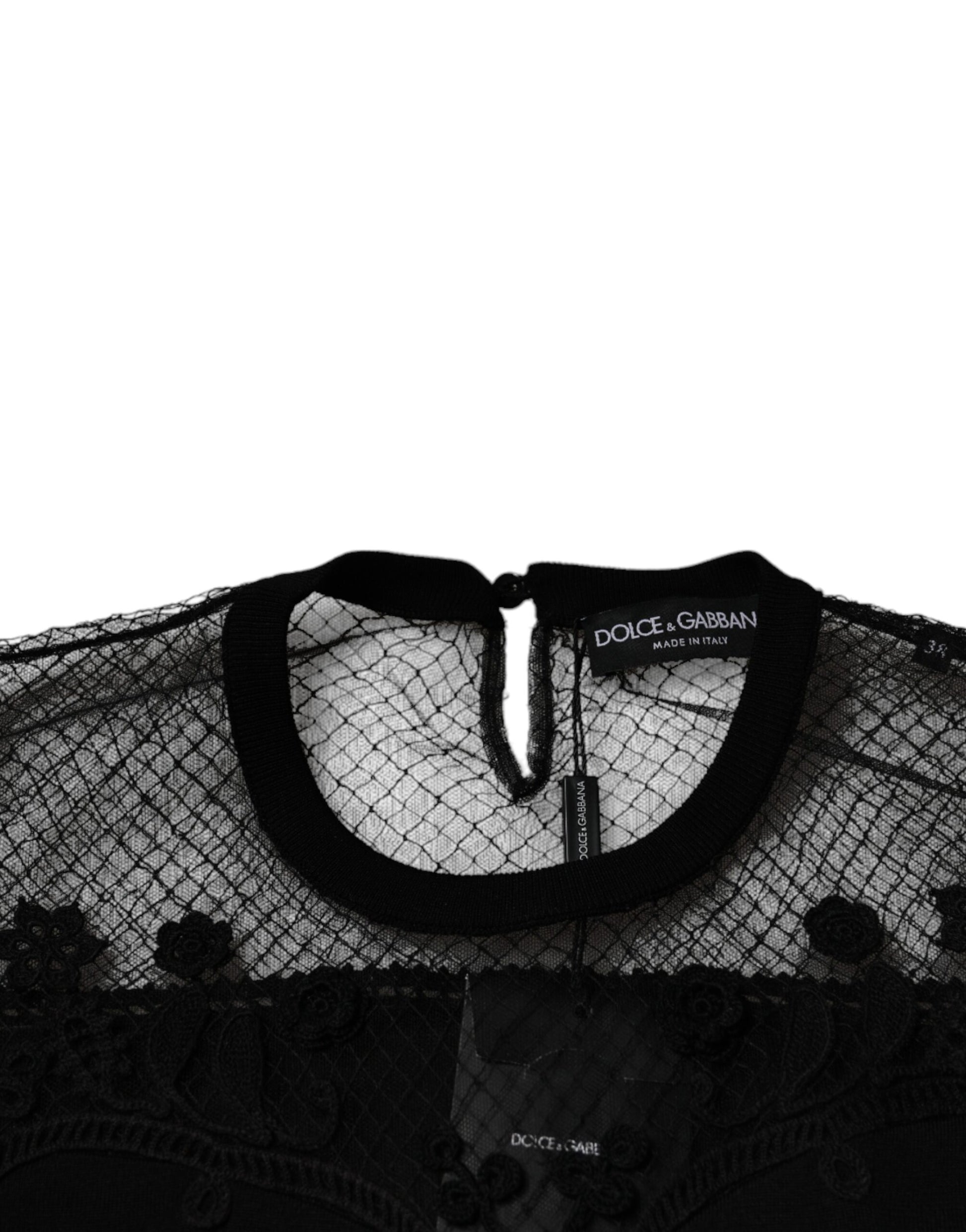 Dolce & Gabbana Black Floral Lace Short Sleeves Blouse Top Dolce & Gabbana