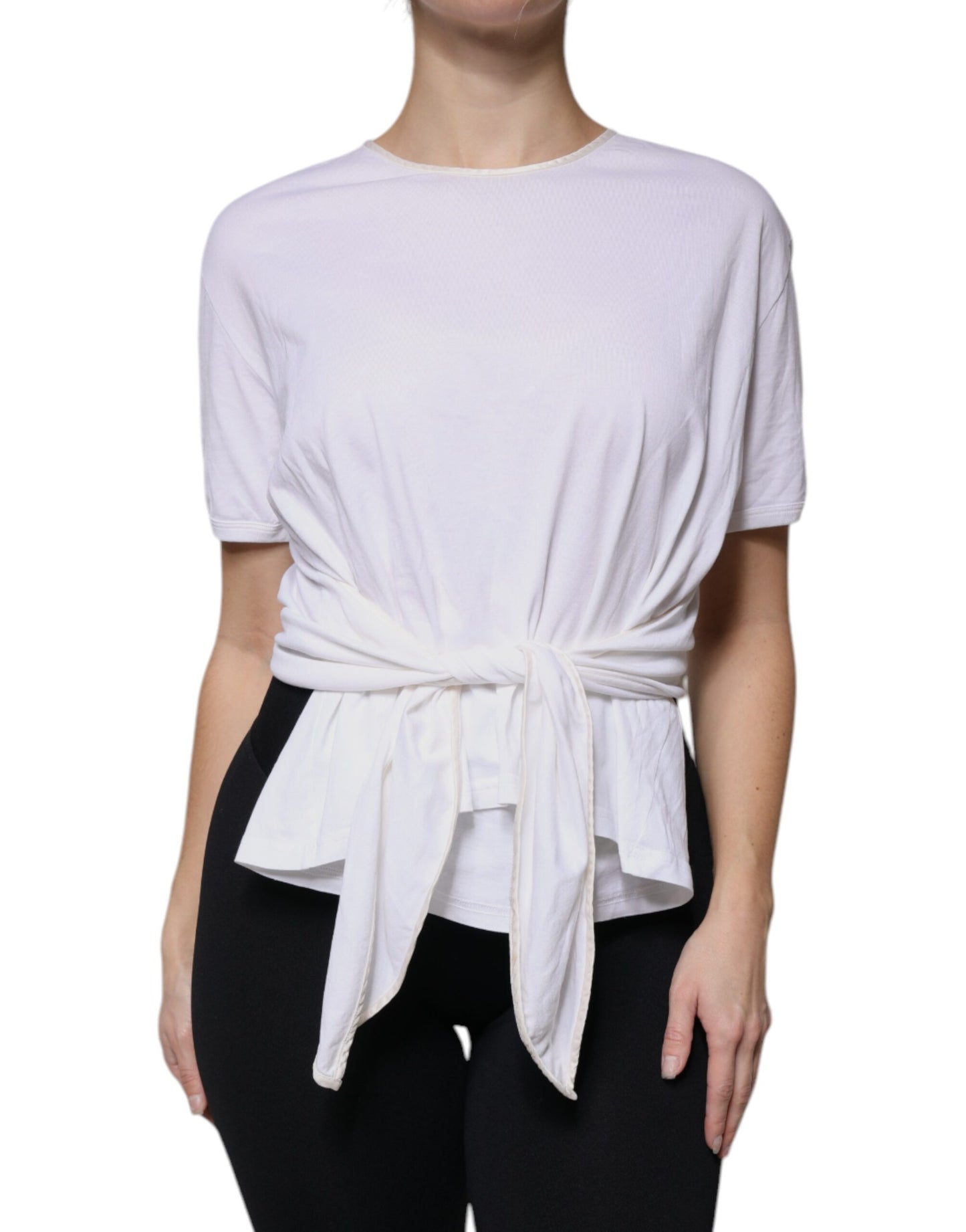 Dolce & Gabbana White Cotton Silk Round Neck Wrap Blouse Top Dolce & Gabbana